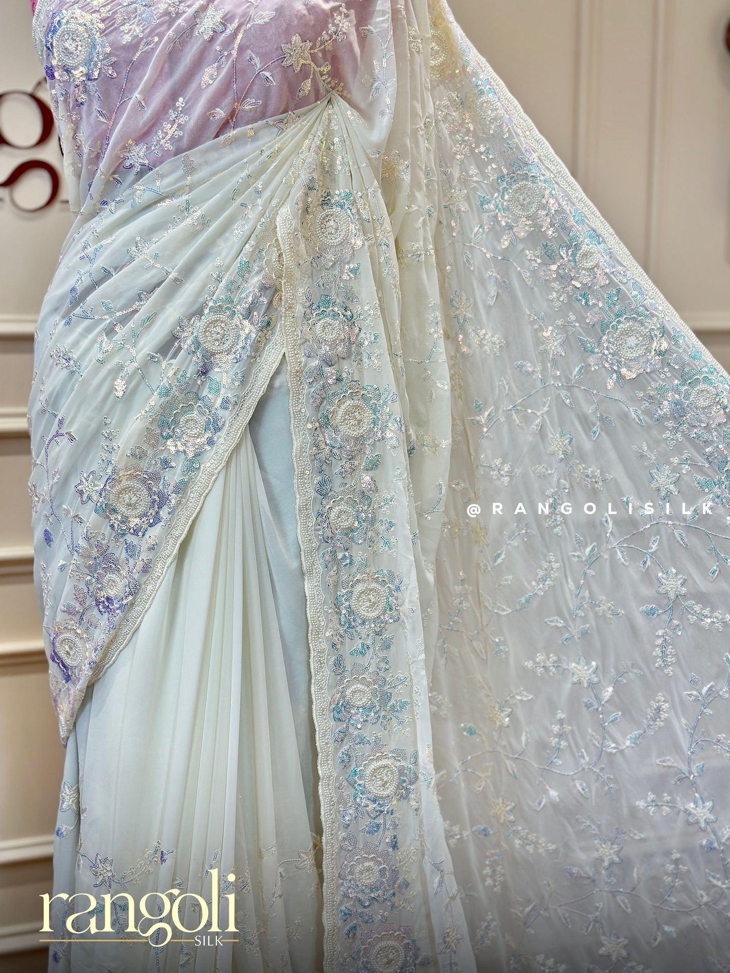 Ethereal White Designer Saree with Pastel Thread Work & Sequin Embroidery - Post 460