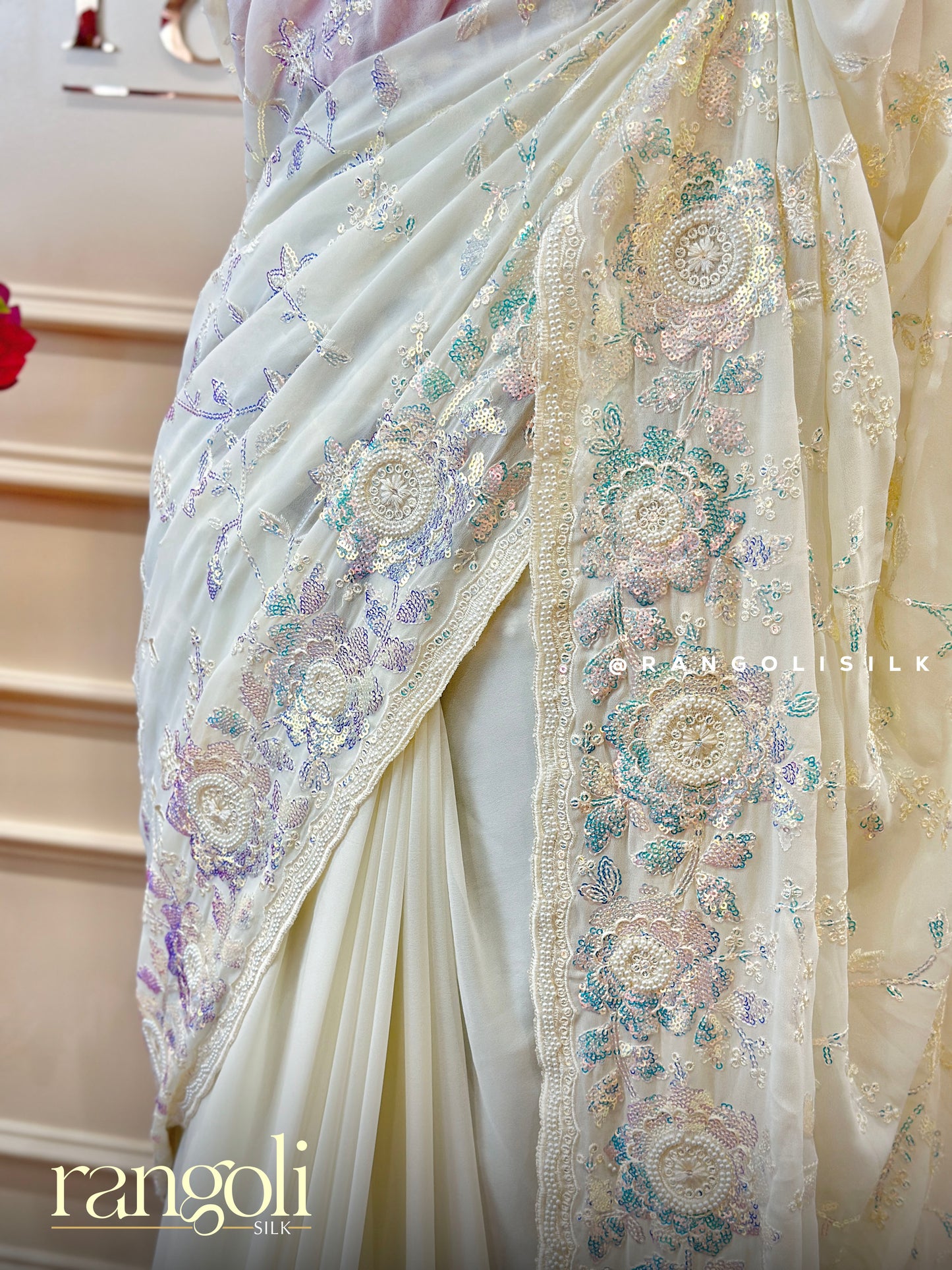 Ethereal White Designer Saree with Pastel Thread Work & Sequin Embroidery - Post 460