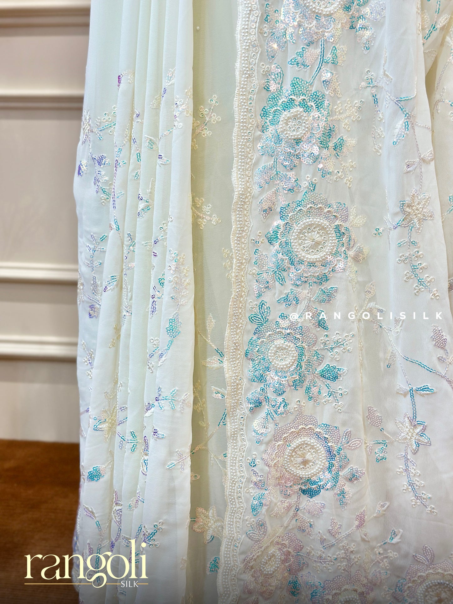 Ethereal White Designer Saree with Pastel Thread Work & Sequin Embroidery - Post 460