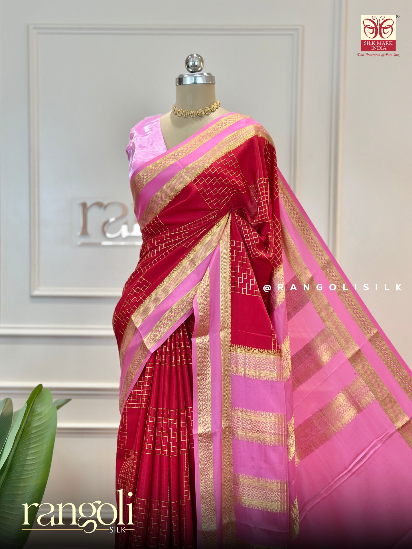 Festive Red & Pink Pure Mysore Silk Saree with Golden Zari – Post 574
