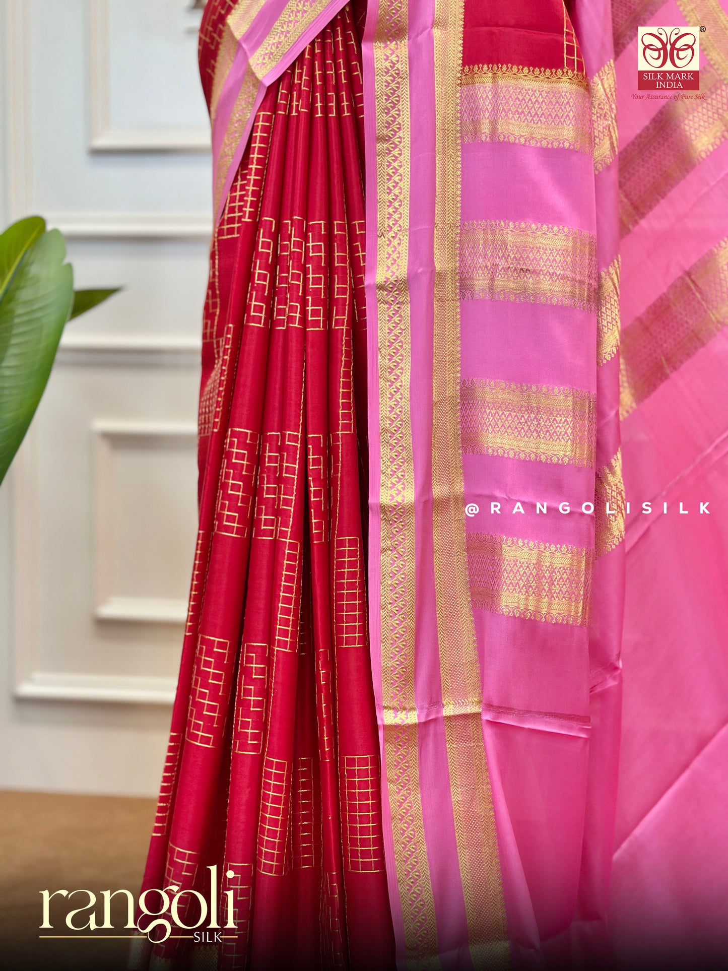 Festive Red & Pink Pure Mysore Silk Saree with Golden Zari – Post 574