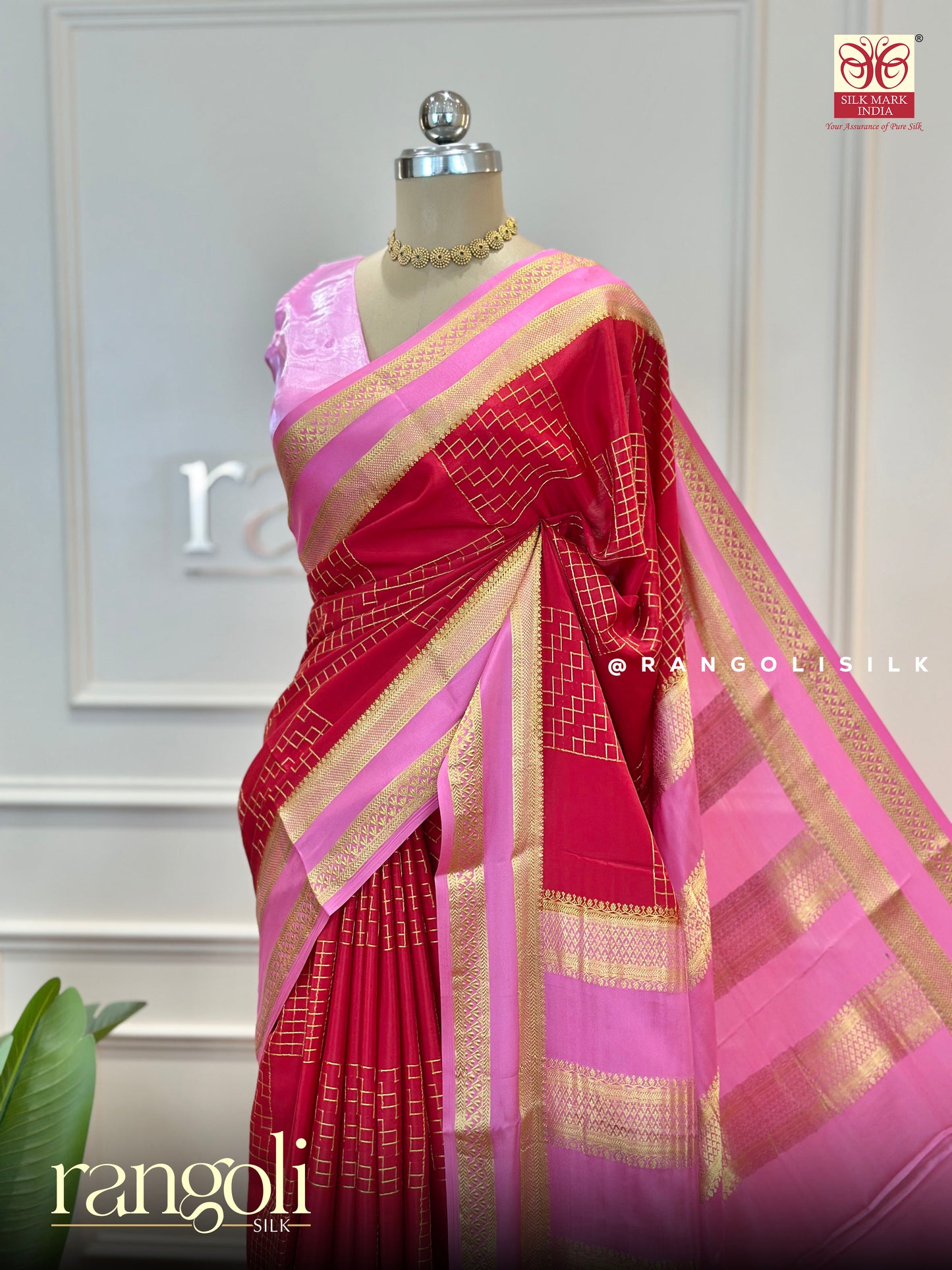 Festive Red & Pink Pure Mysore Silk Saree with Golden Zari – Post 574