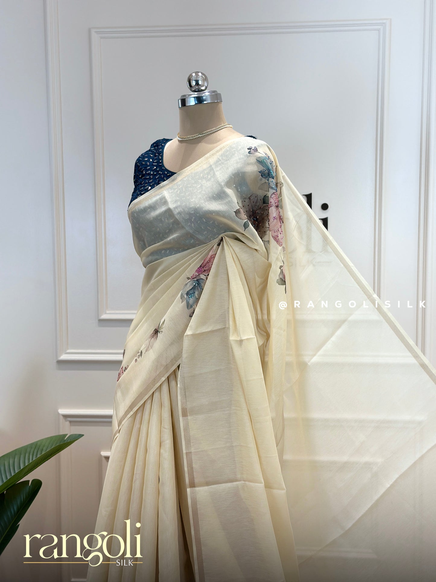 Ivory Cotton Saree with Delicate Floral Prints & Pastel Accents – Post 572
