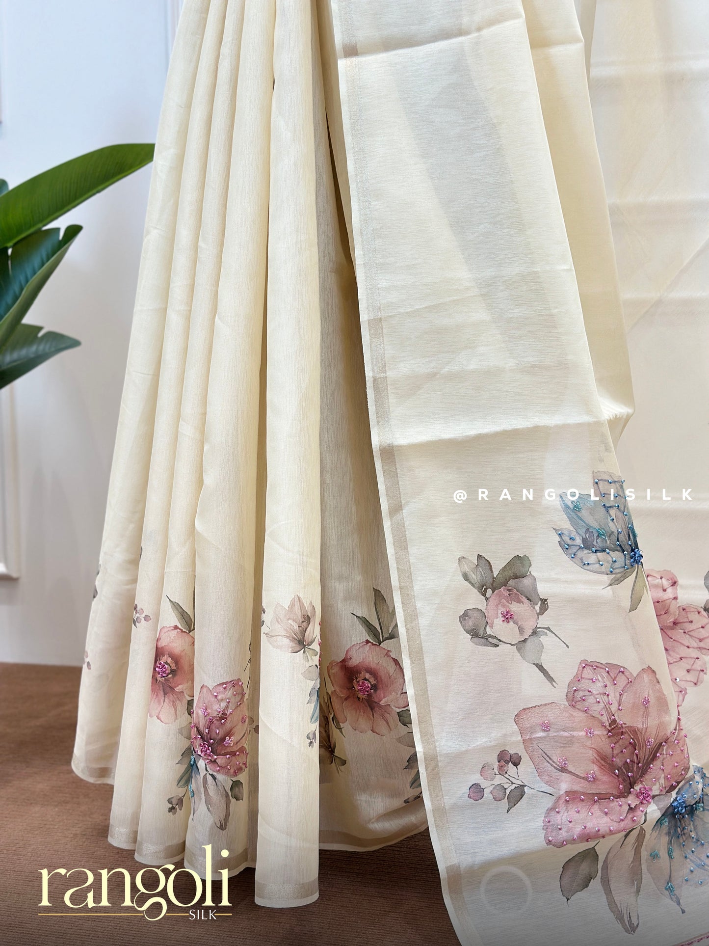 Ivory Cotton Saree with Delicate Floral Prints & Pastel Accents – Post 572