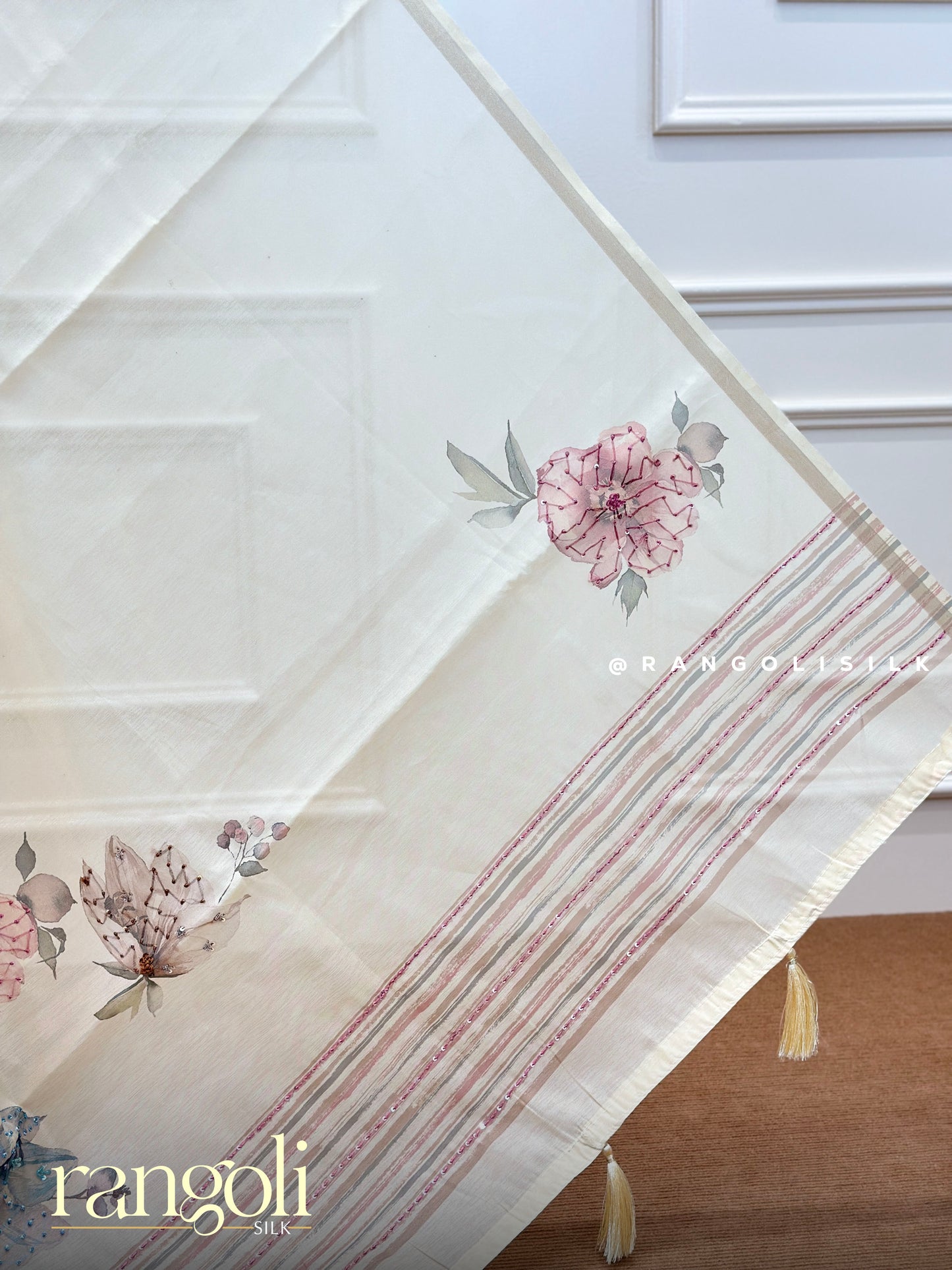 Ivory Cotton Saree with Delicate Floral Prints & Pastel Accents – Post 572