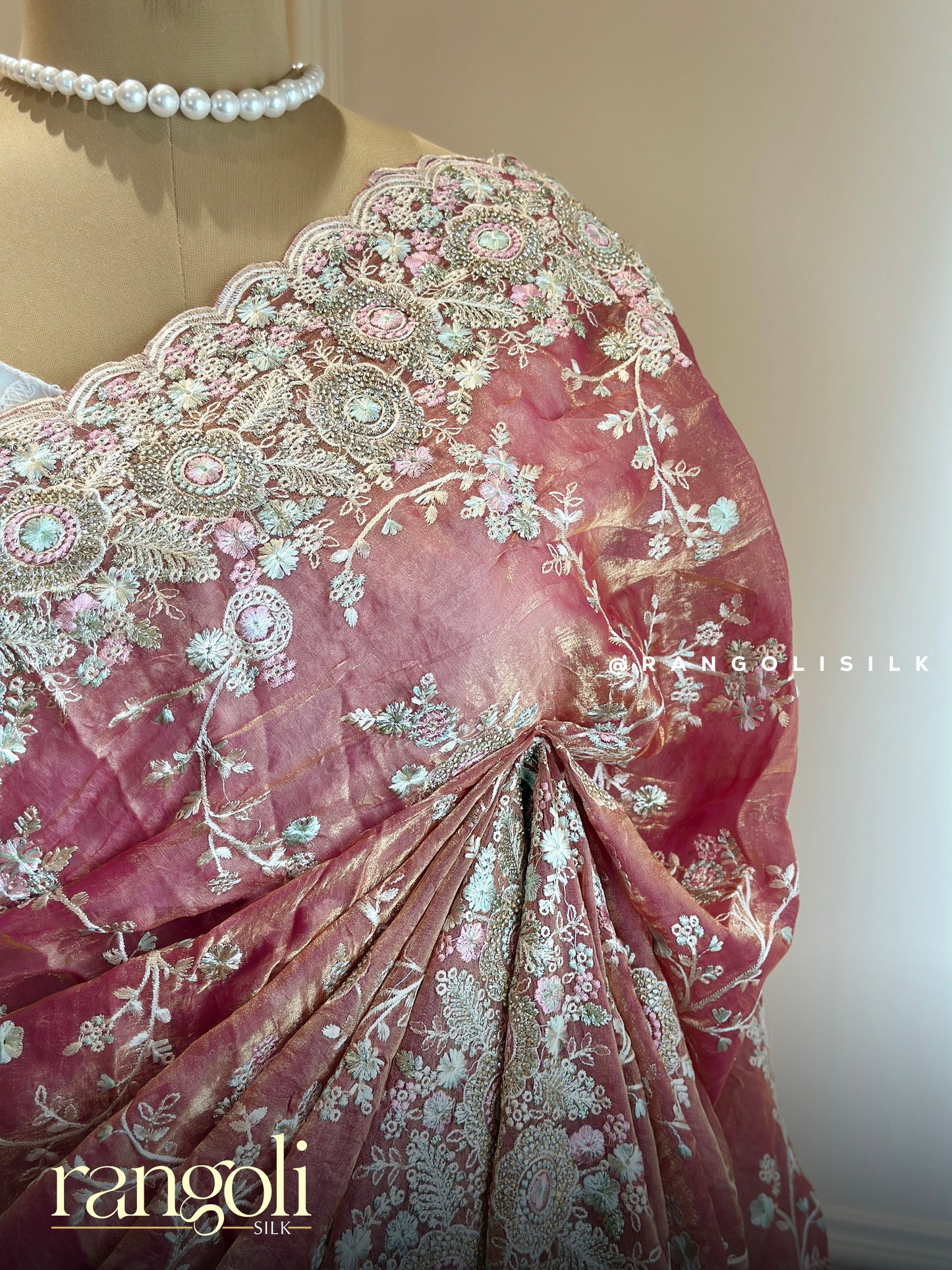 Designer Blush Pink Soft Organza Saree with Floral Embroidery & Scalloped Border - Post 750