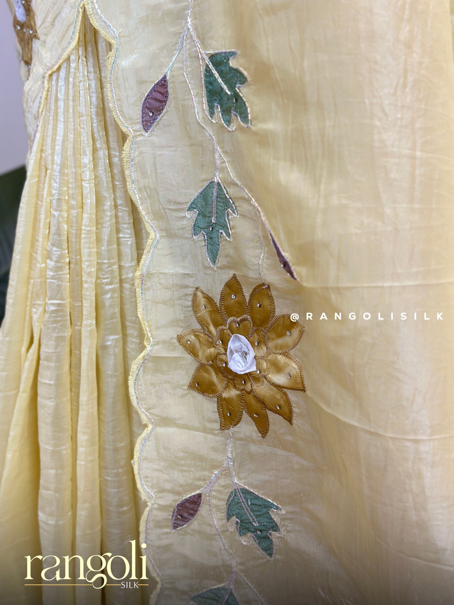 Lemon Yellow Designer Saree with Multicolour Floral Embroidery & Scalloped Border - Post 670