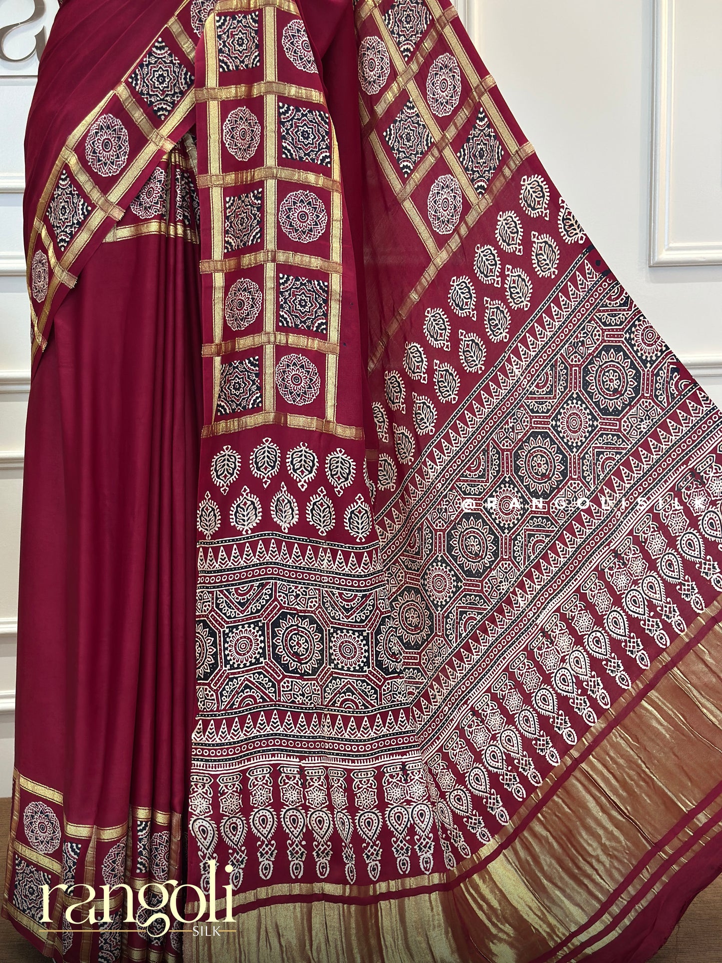 Ajrakh Hand Block Print Saree with Rich Golden Borders - Post 468