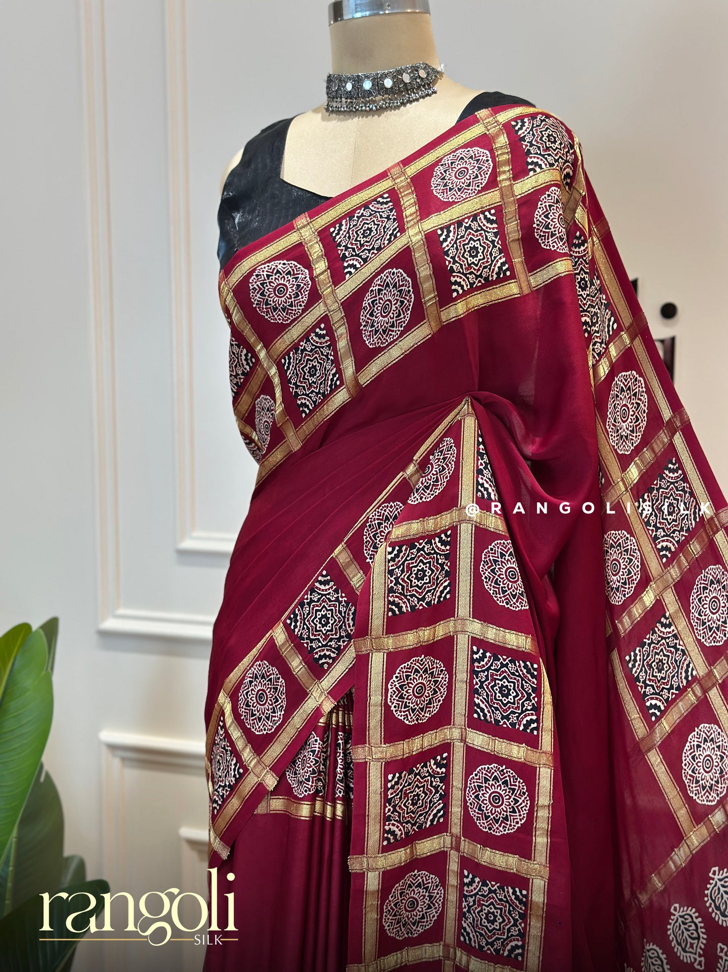Ajrakh Hand Block Print Saree with Rich Golden Borders - Post 468