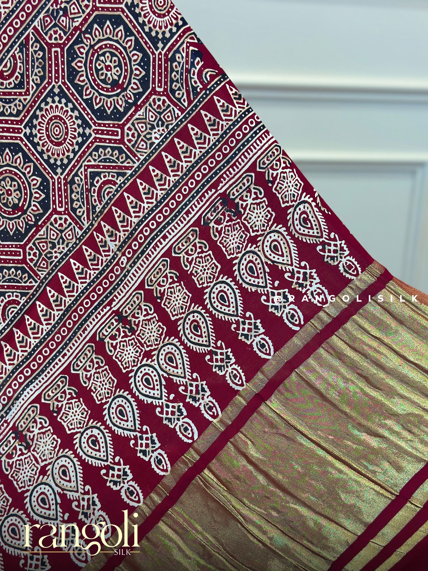 Ajrakh Hand Block Print Saree with Rich Golden Borders - Post 468
