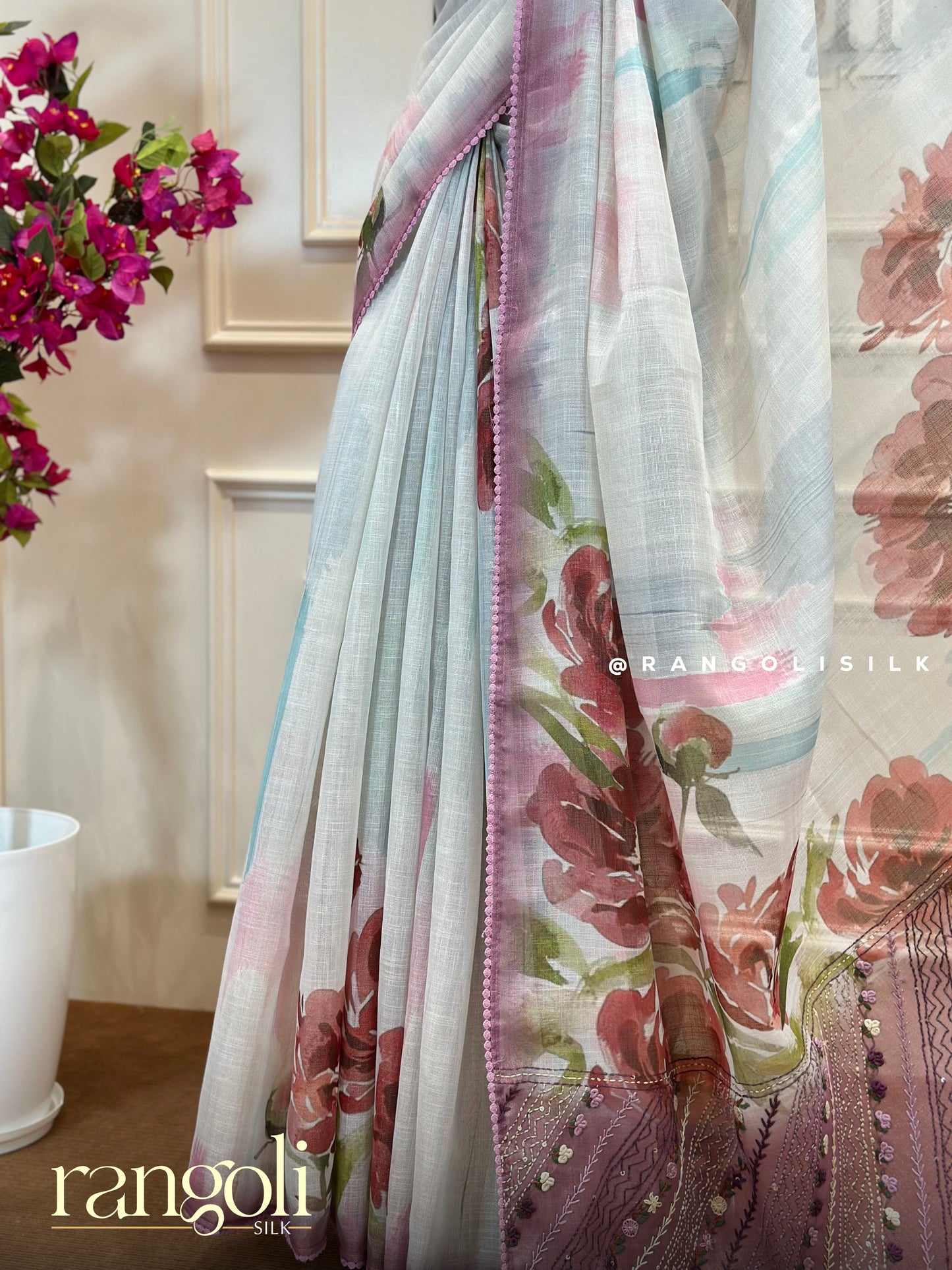Soft Pastel Cotton Saree with Bold Floral Prints & Embroidered Pallu - Post 464