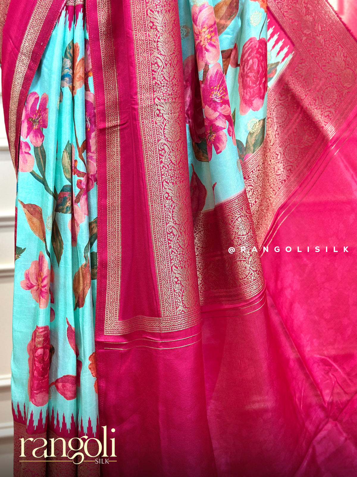 Hot Pink & Turquoise Blue Floral Printed Saree with Zari Border - Post 993