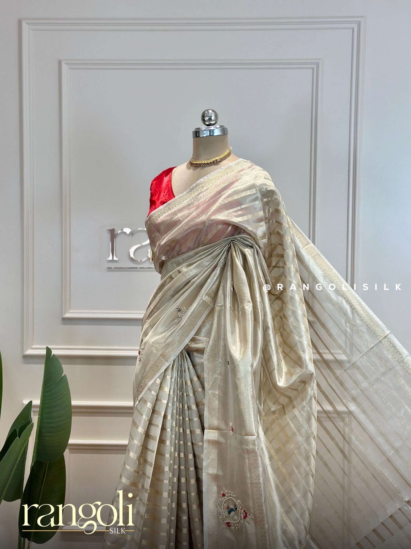 Golden Sheen Tissue Saree with Subtle Stripes & Peacock Embroidery - Post 470