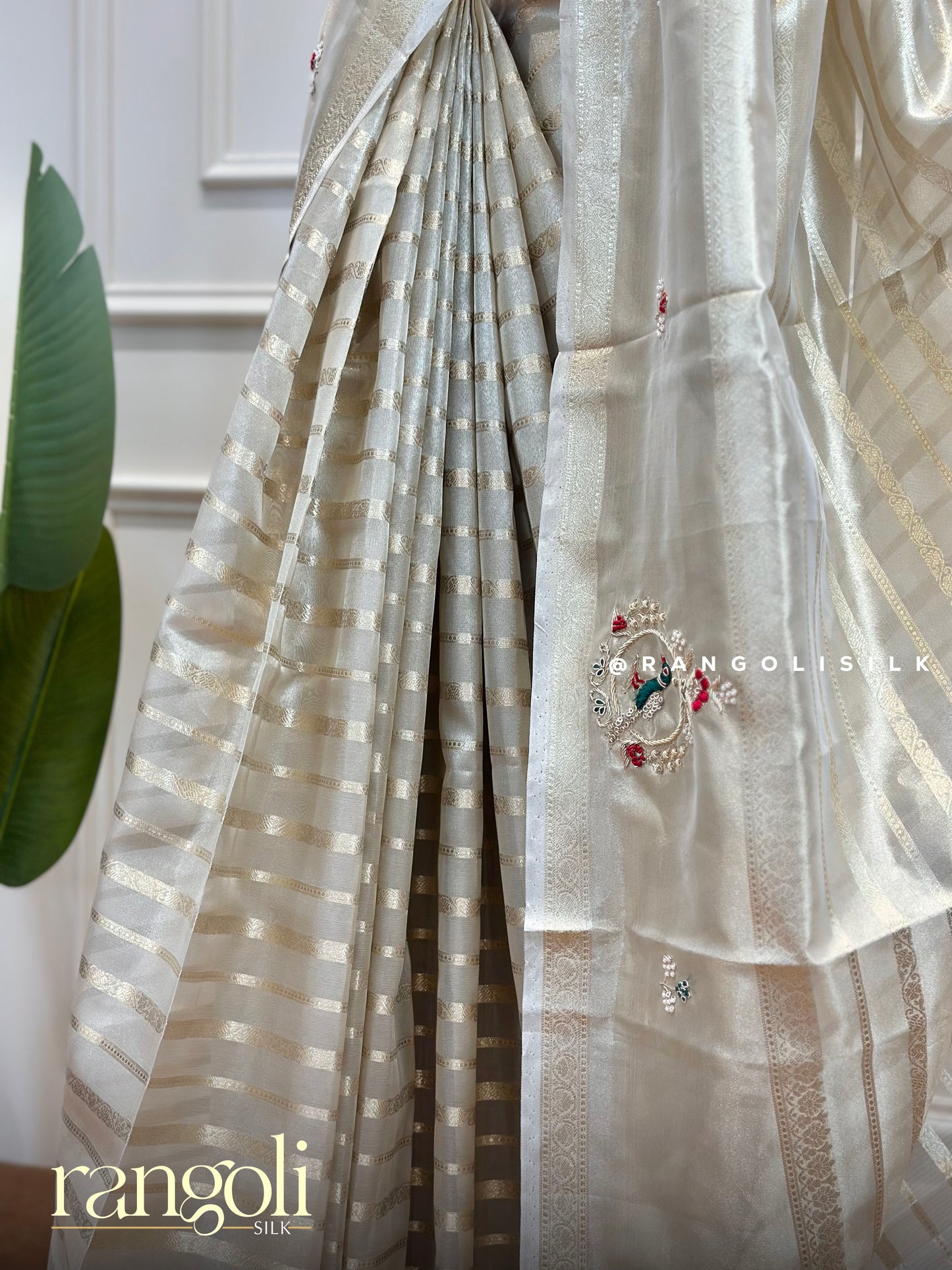 Golden Sheen Tissue Saree with Subtle Stripes & Peacock Embroidery - Post 470