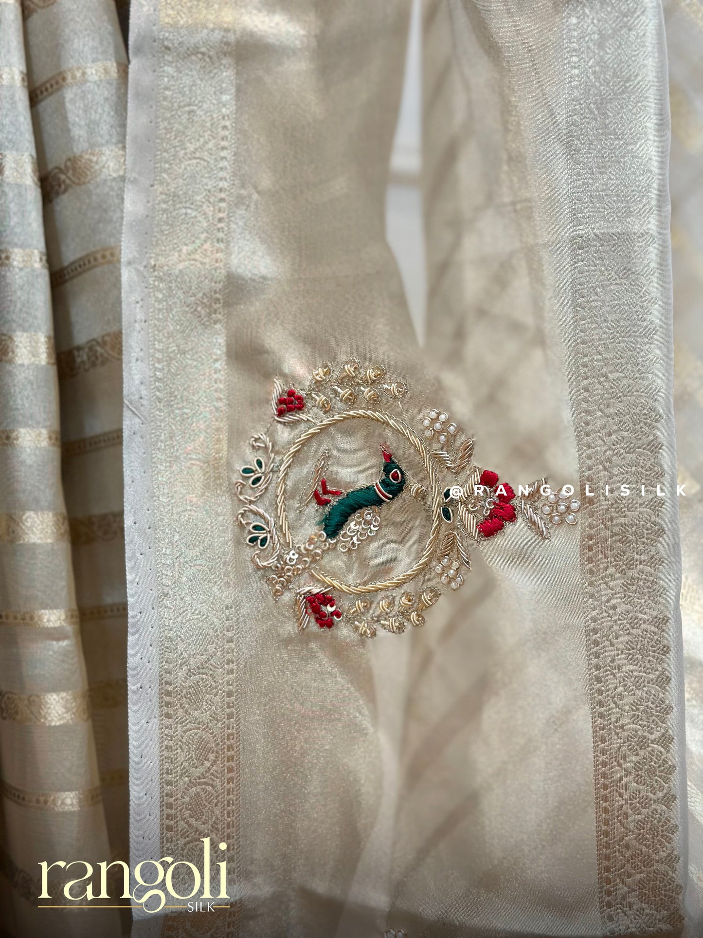 Golden Sheen Tissue Saree with Subtle Stripes & Peacock Embroidery - Post 470