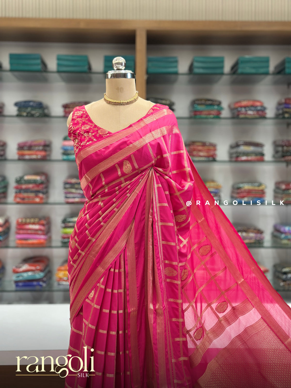 Semi Mysore Silk Saree with Checked & Geometric Zari Patterns - Post 995