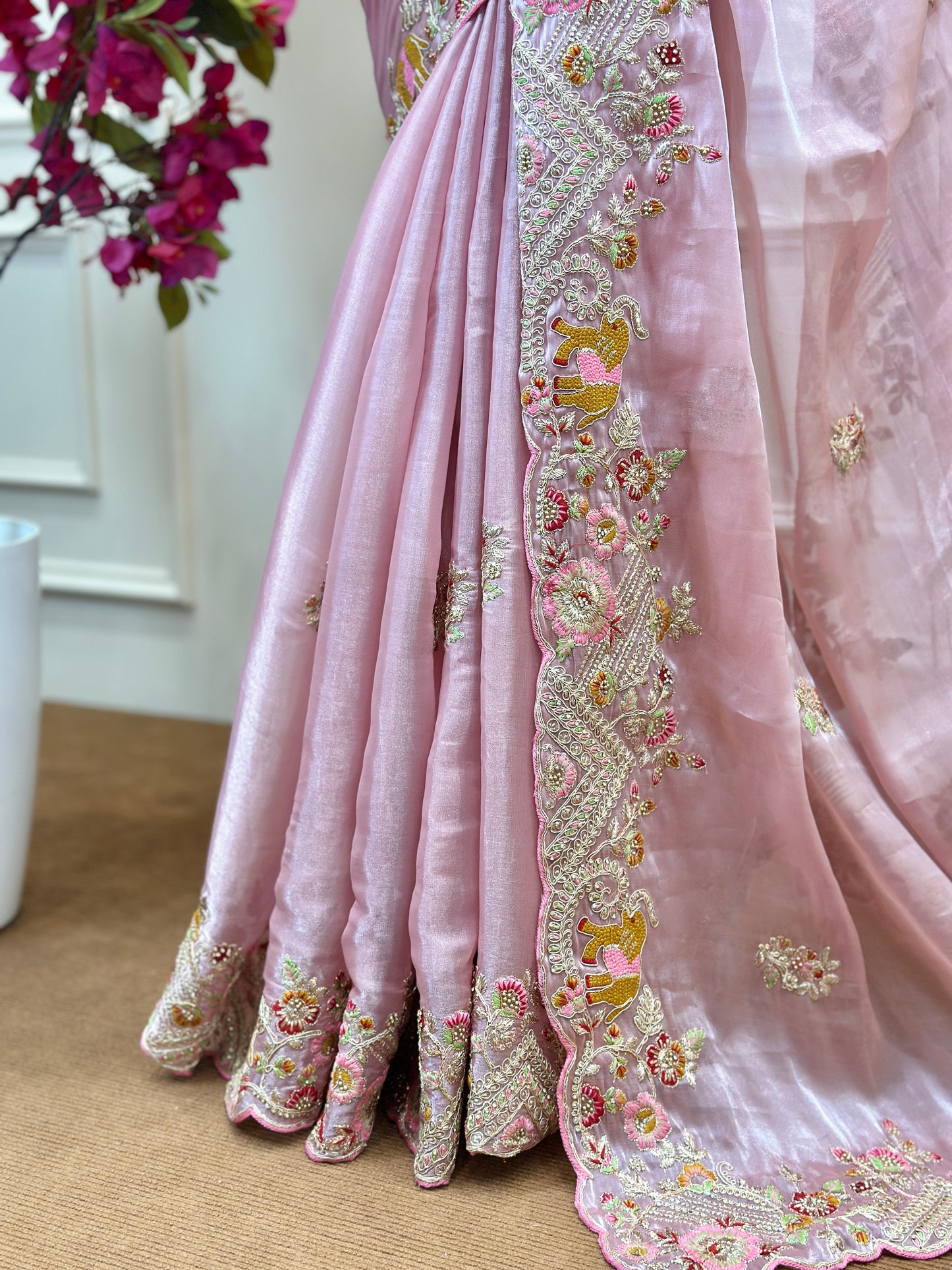 Blush Pink Designer Saree with Floral Embroidery - Post 761