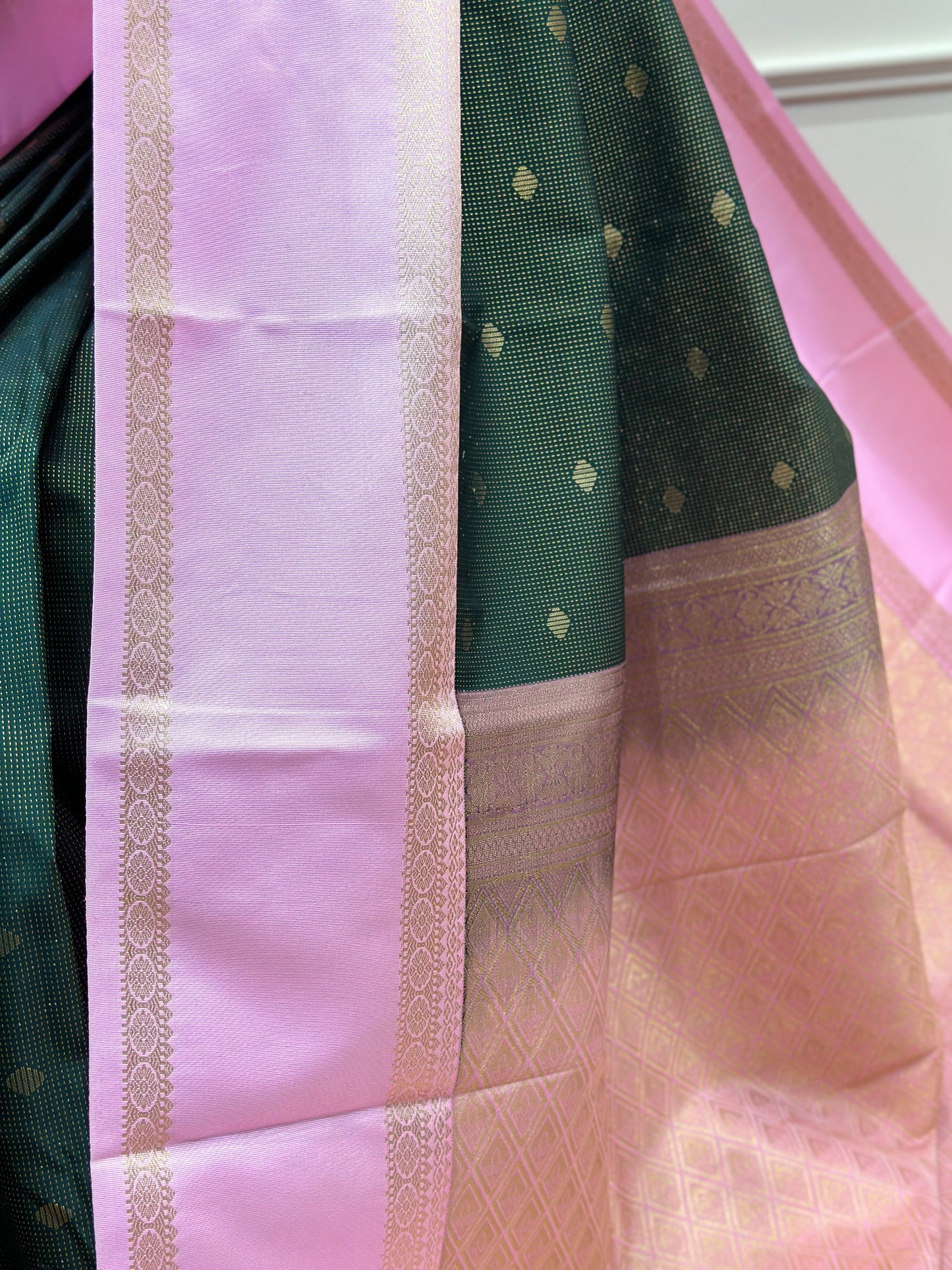 Deep Green & Blush Pink Semi Kanjivaram Silk Saree with Gold Zari Buttas - Post 776