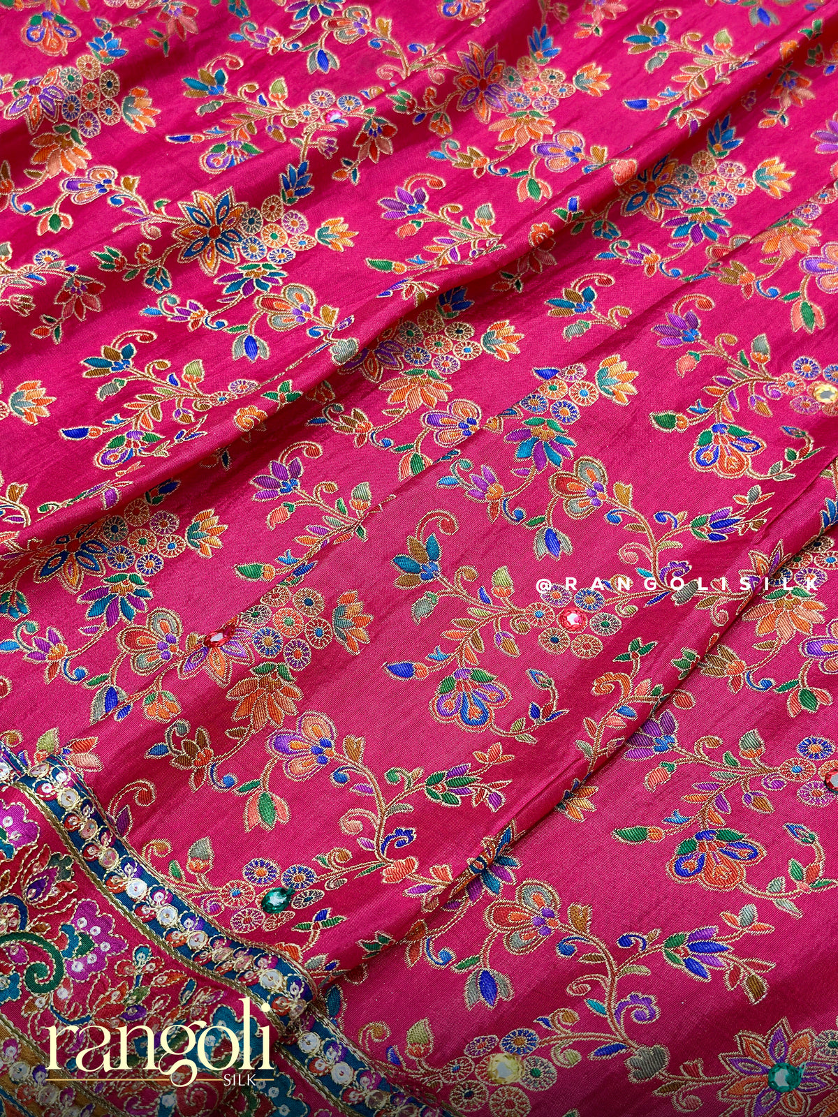 Rani Pink Designer Banaras Saree with Multi-Color Thread Embroidery, Mirror Work & Stitched Blouse - Post 1003