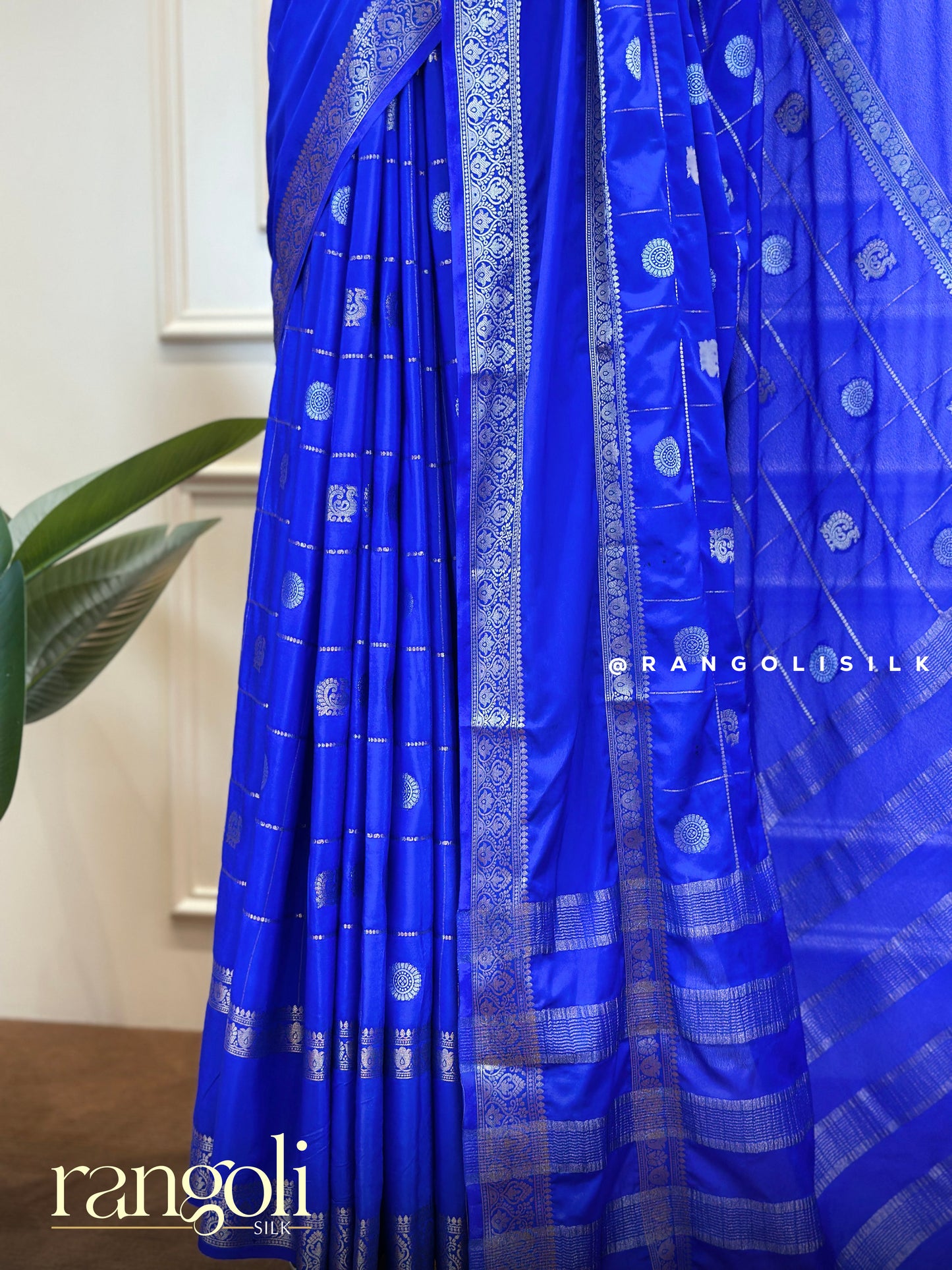 Royal Blue Semi Mysore Silk Saree with Zari Borders & Woven Motifs – Post 588