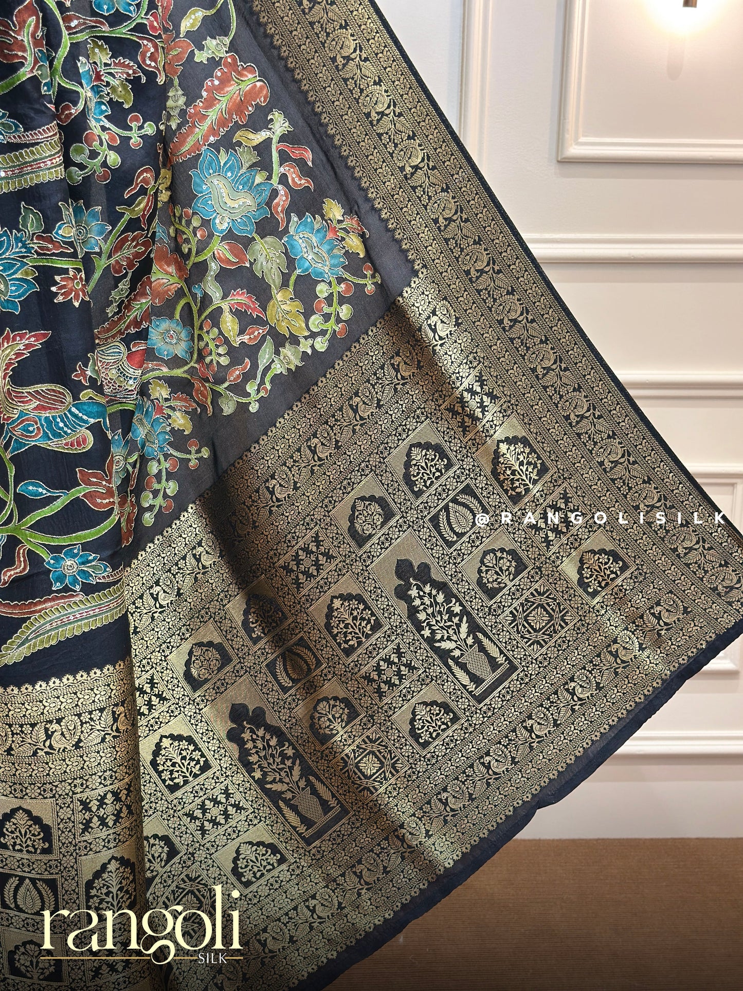 Black Multicolor Floral Banarasi Saree With Antique Gold Zari Border - Post 880