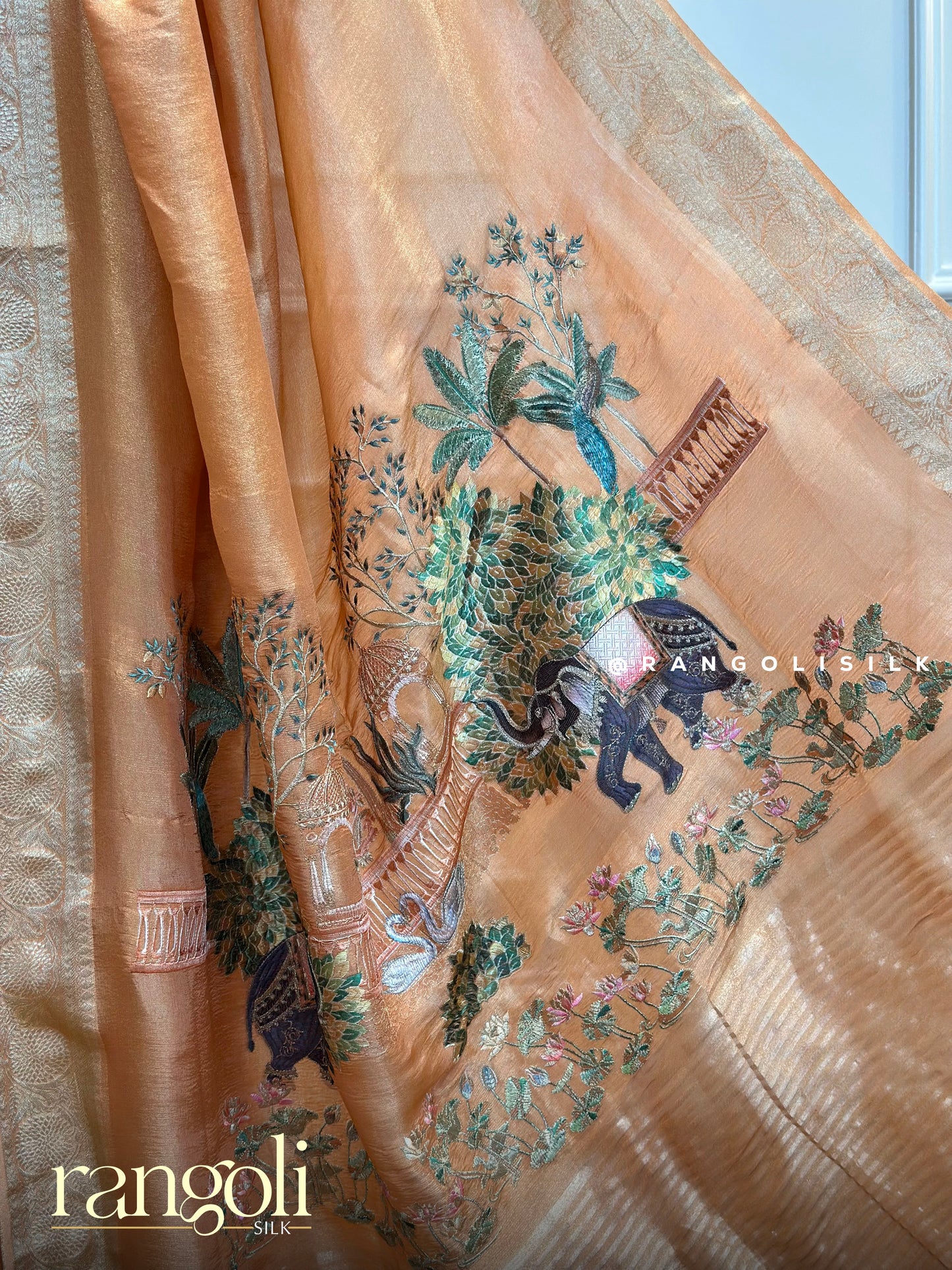 Peach Gold Banaras Saree with Zari Border & Embroidered Elephant Floral Pallu - Post 476