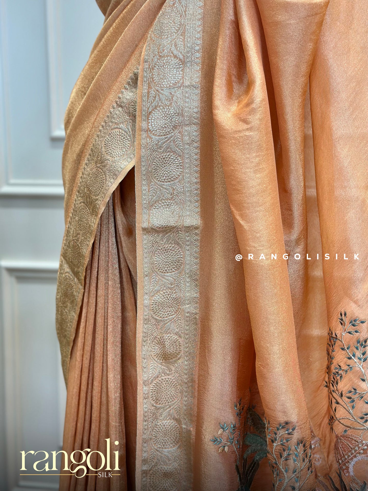 Peach Gold Banaras Saree with Zari Border & Embroidered Elephant Floral Pallu - Post 476