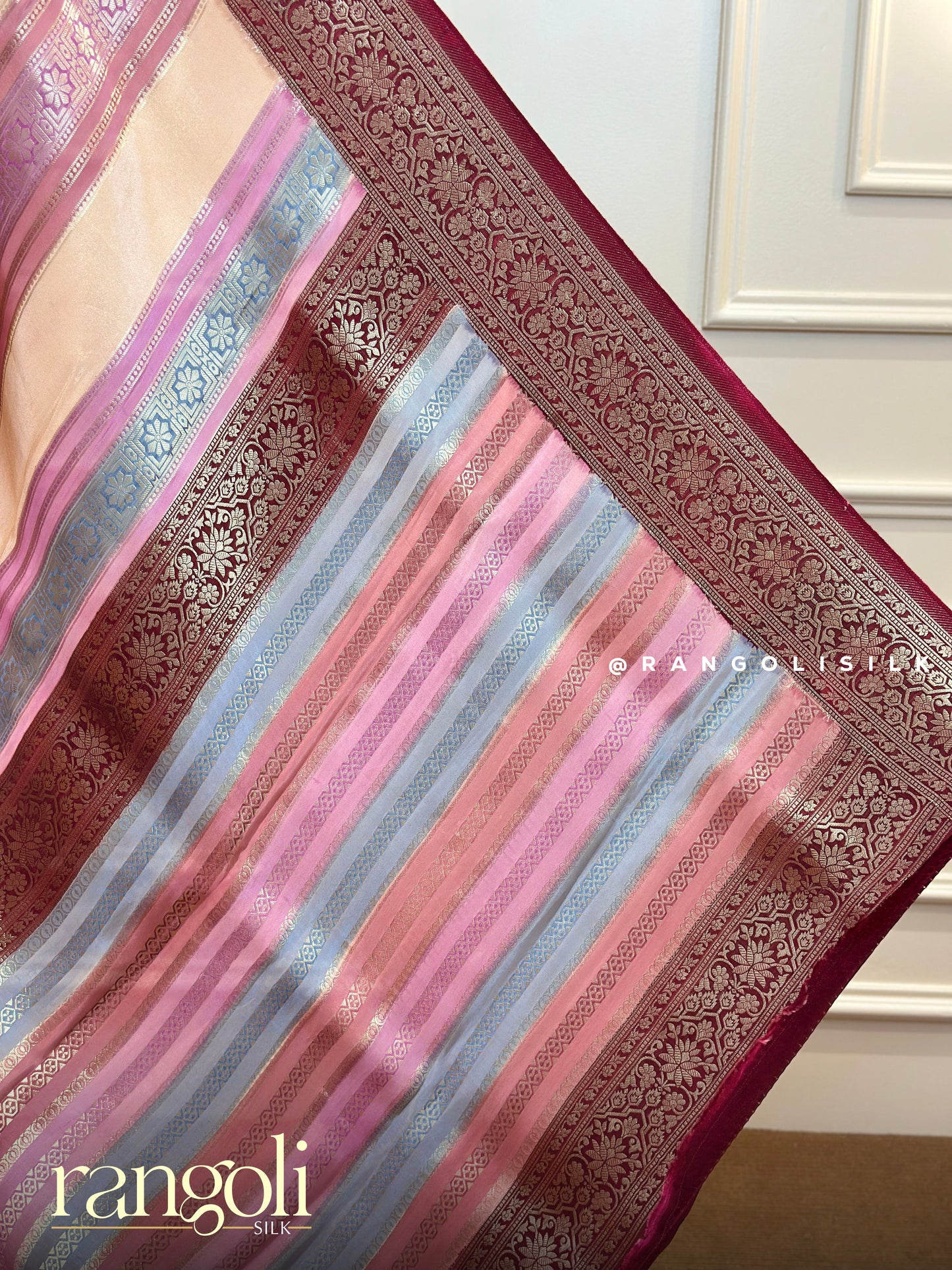 Blush Pink Banarasi Silk Saree with Maroon Zari Stripes & Rich Border - Post 692