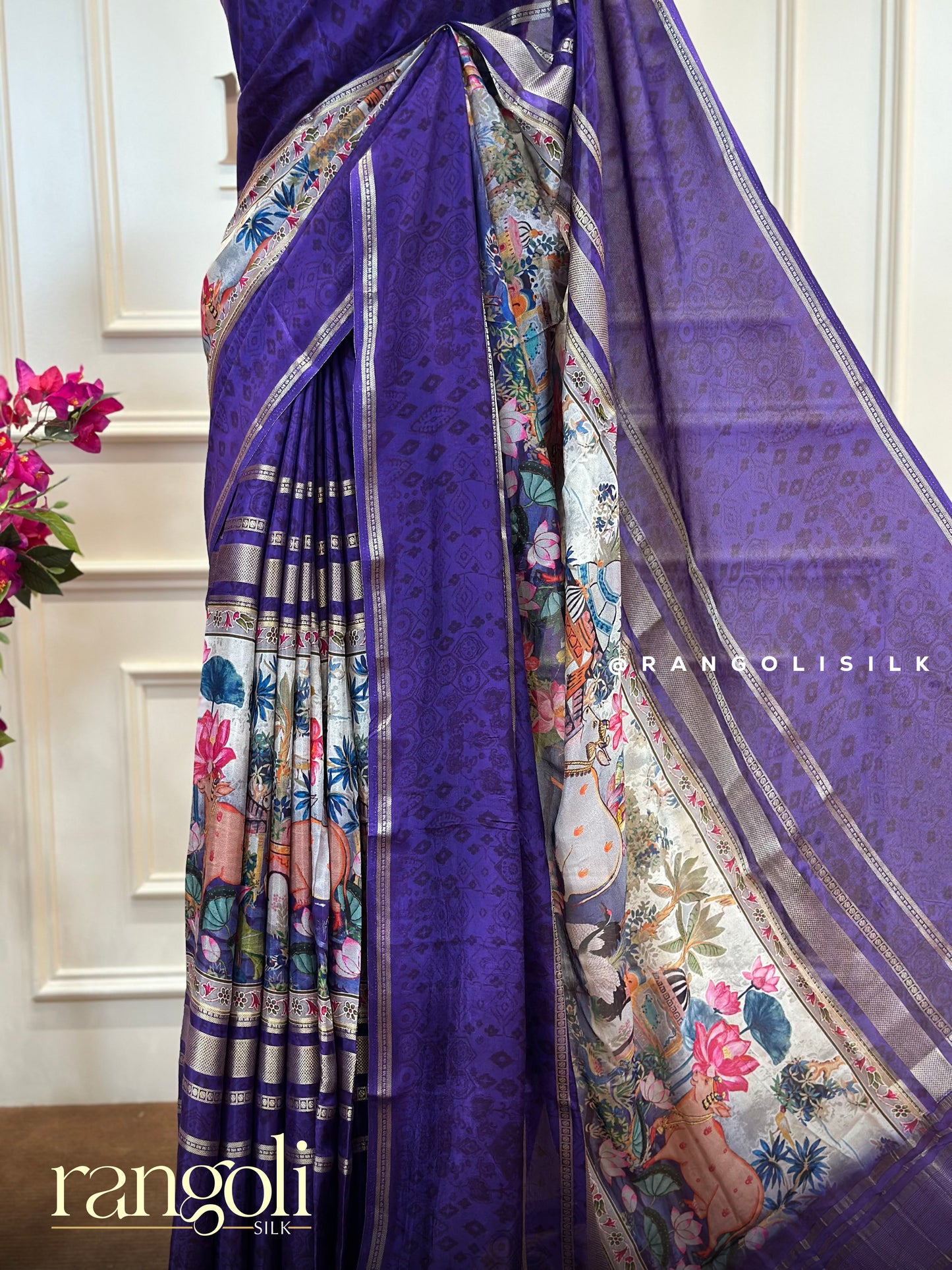 Elegant Kalamkari Print Saree with Intricate Floral Motifs & Zari Border - Post 477