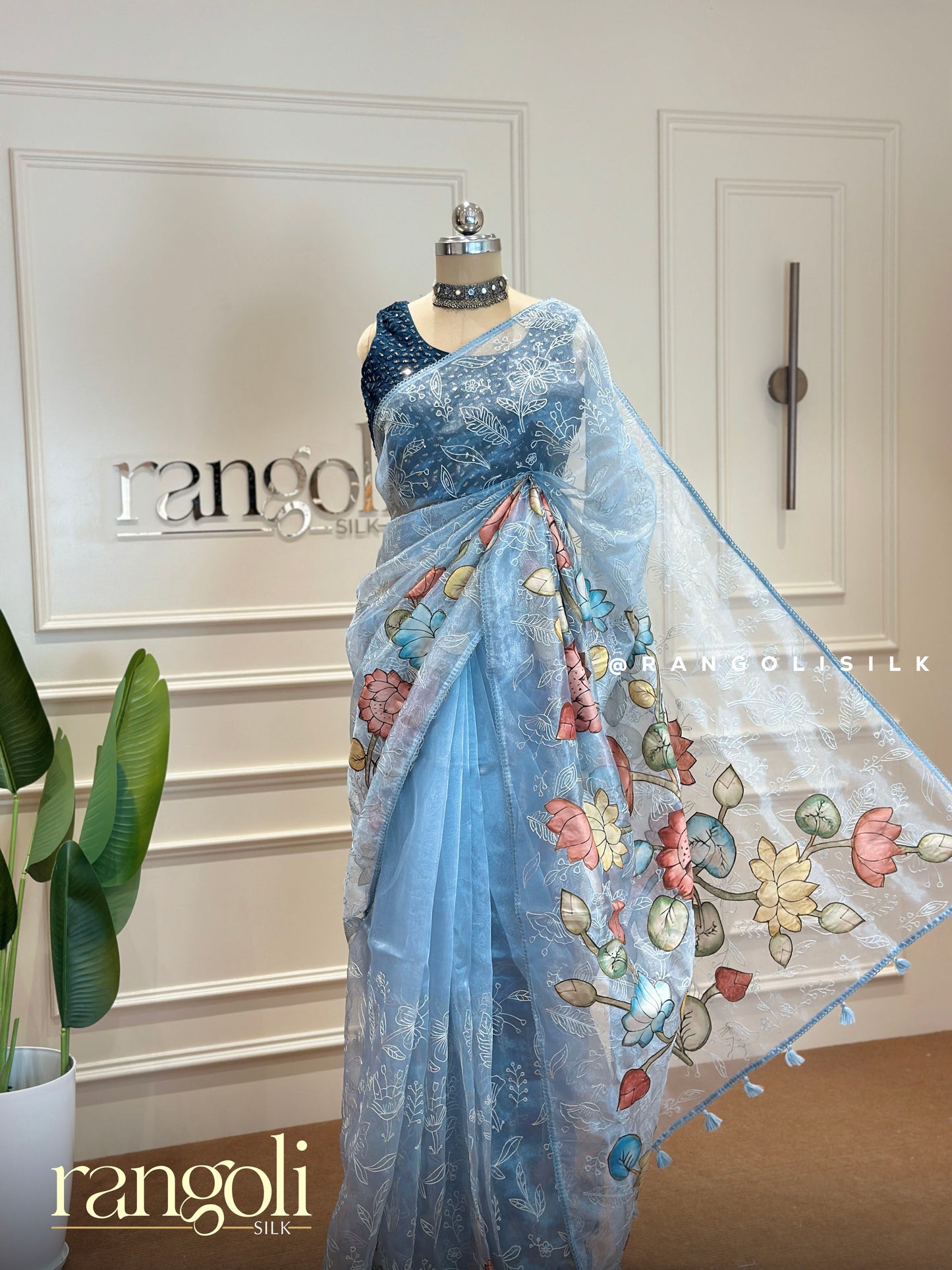 Designer Saree in Soft Pastels with Embroidery and Painted Florals - Post 380