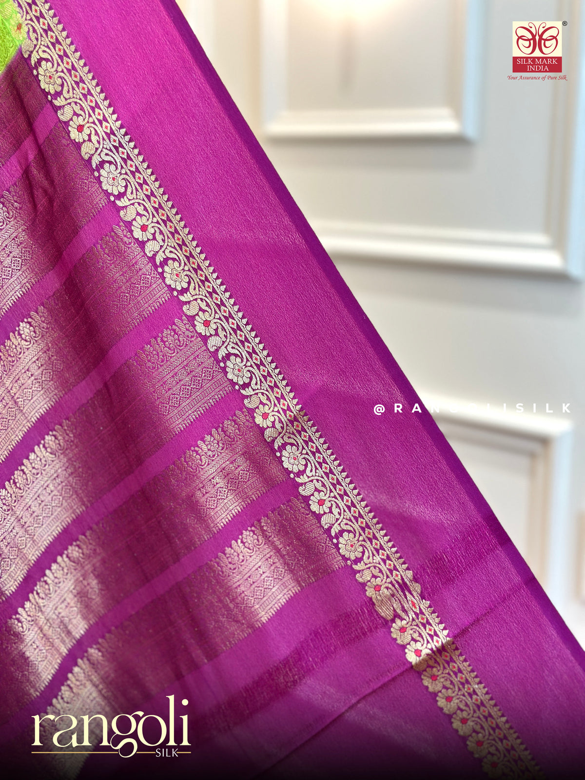Parrot Green & Deep Violet Pure Mysore Crepe Silk Saree - Silk Mark Certified - Post 1008