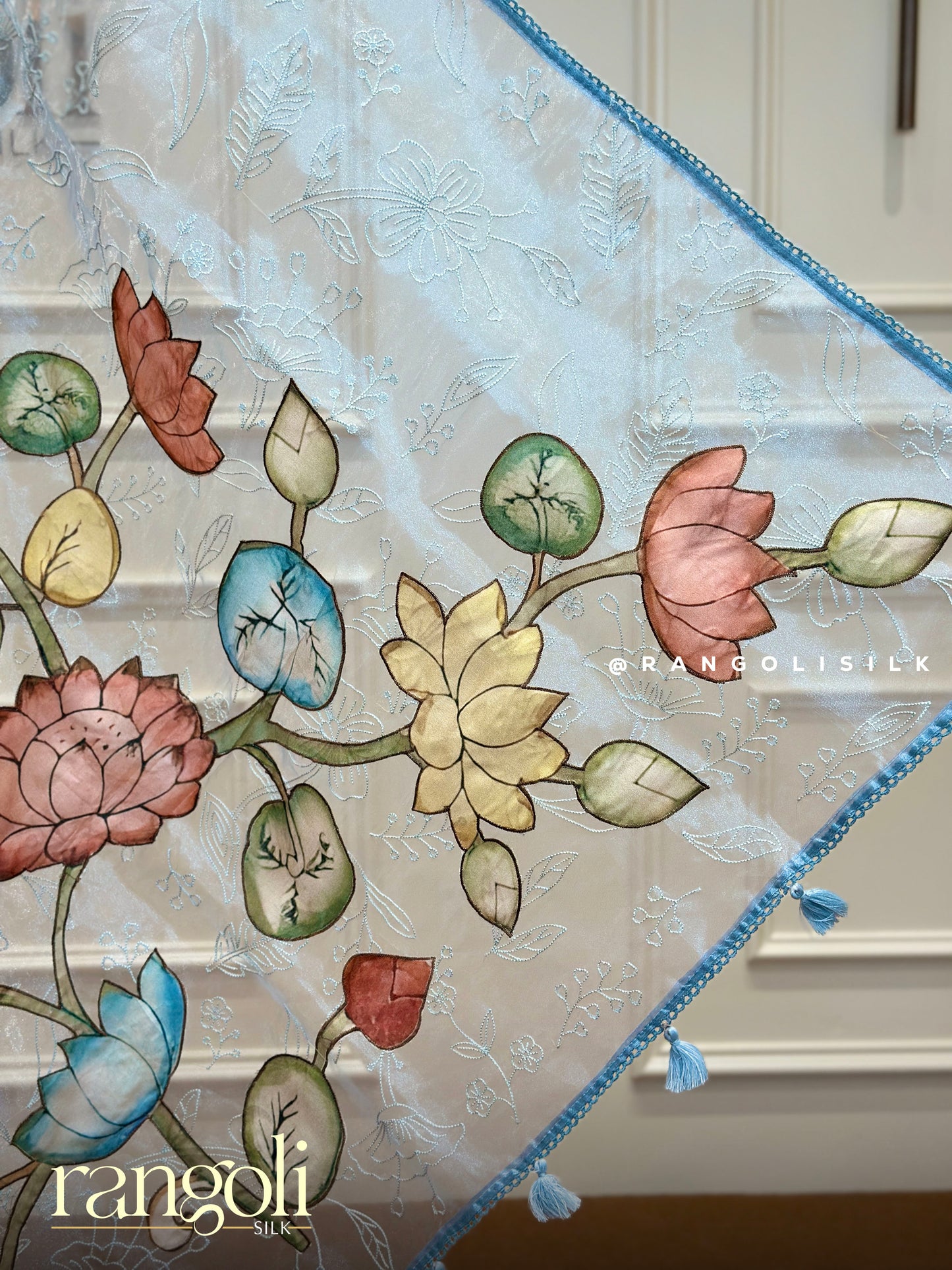 Designer Saree in Soft Pastels with Embroidery and Painted Florals - Post 380