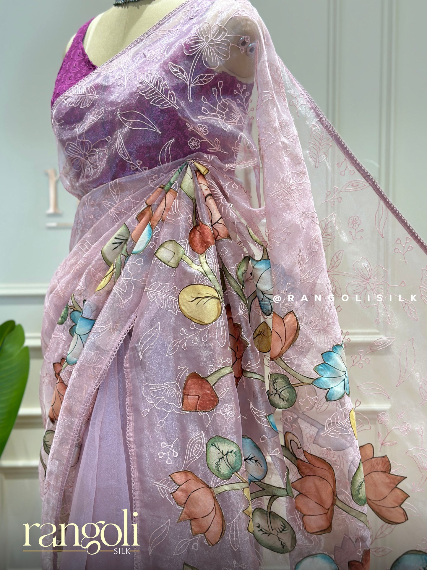 Designer Saree in Soft Pastels with Embroidery and Painted Florals - Post 380