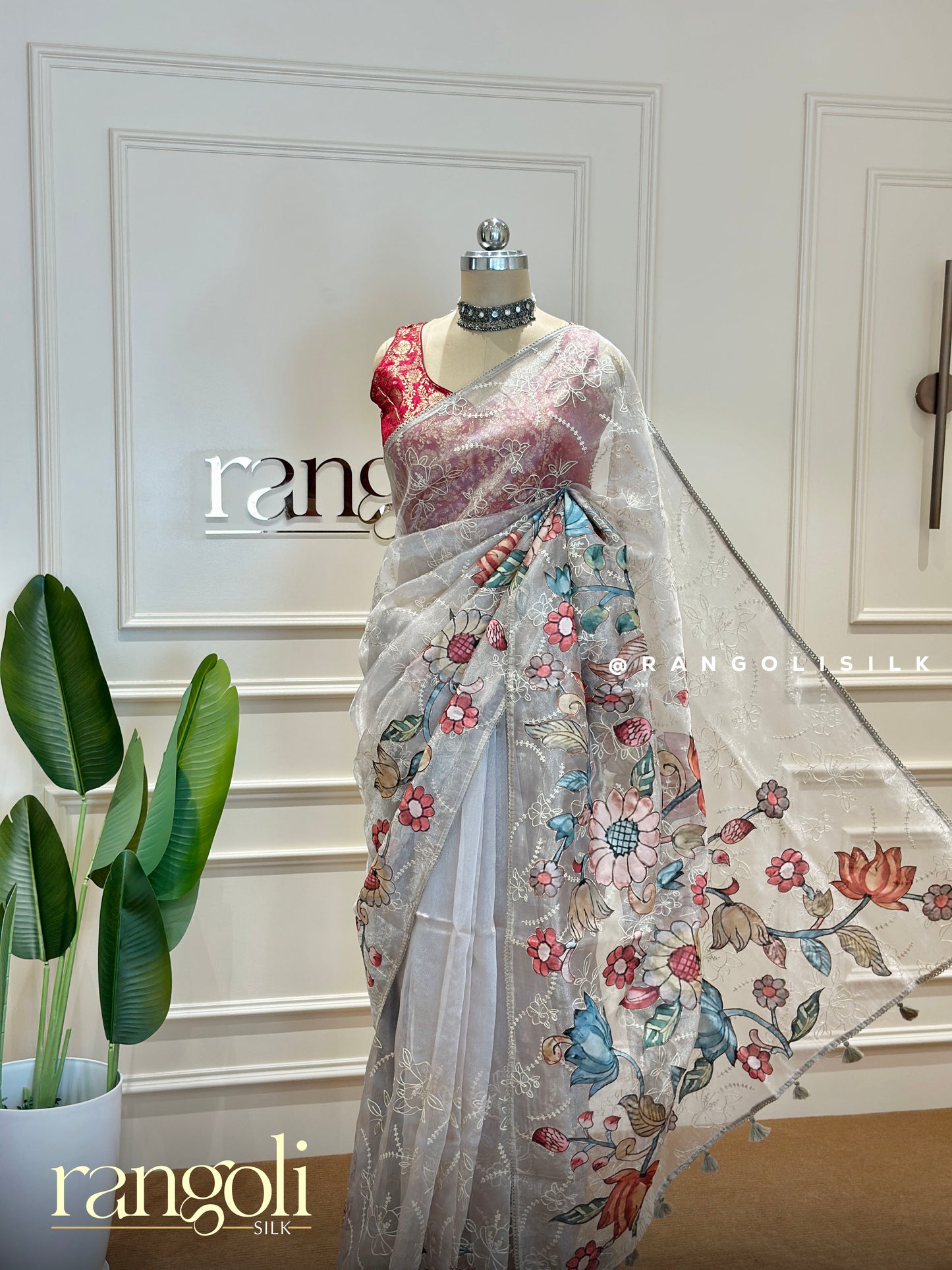 Designer Saree in Soft Pastels with Embroidery and Painted Florals - Post 380