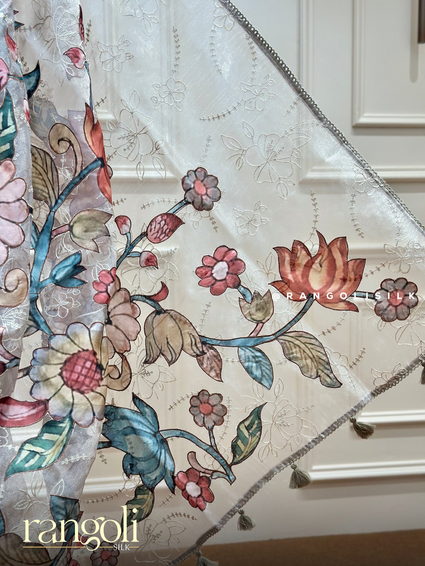 Designer Saree in Soft Pastels with Embroidery and Painted Florals - Post 380