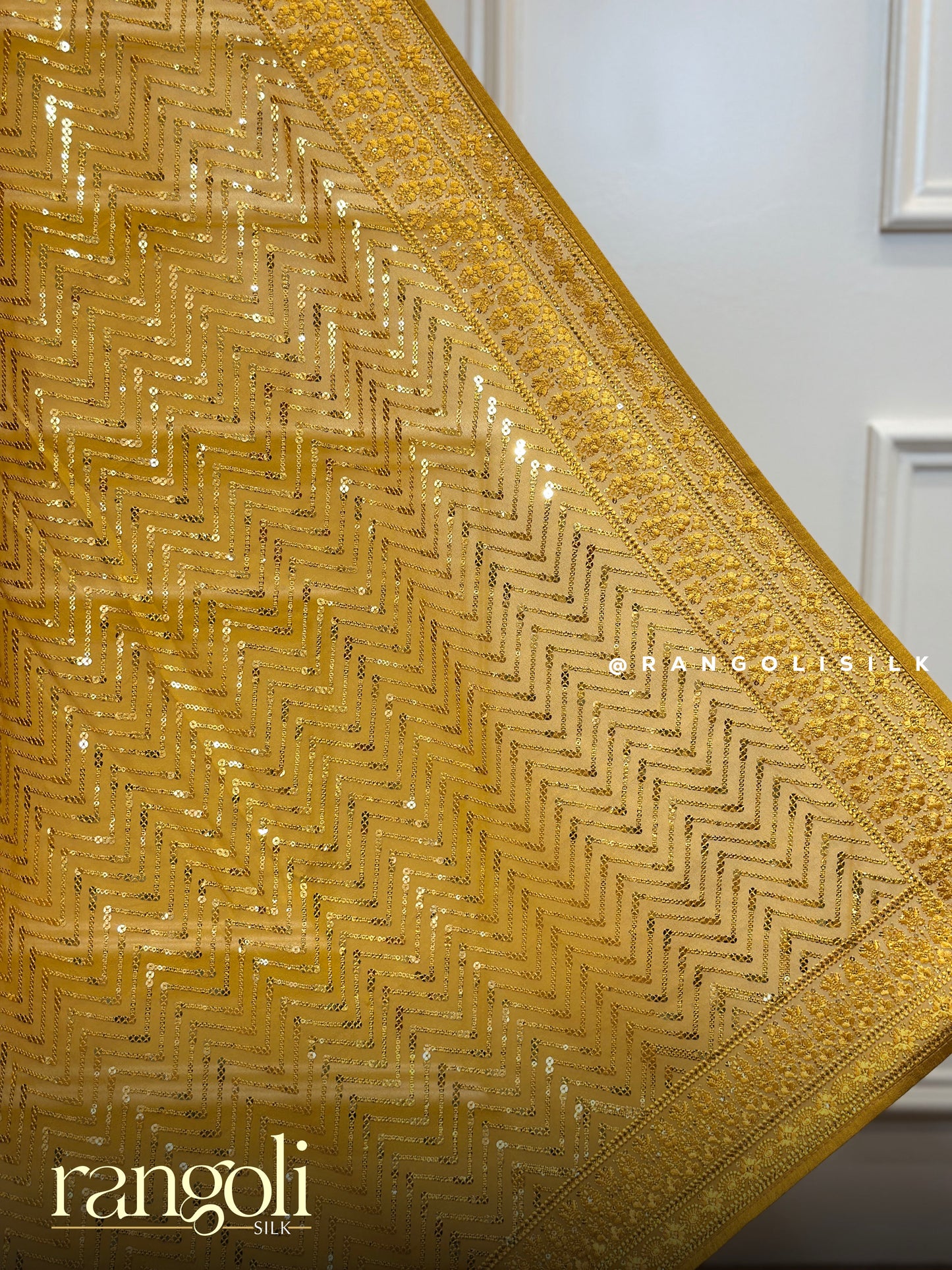 Mustard Gold Designer Chiffon Saree with Zig-Zag Sequin Work - Post 774