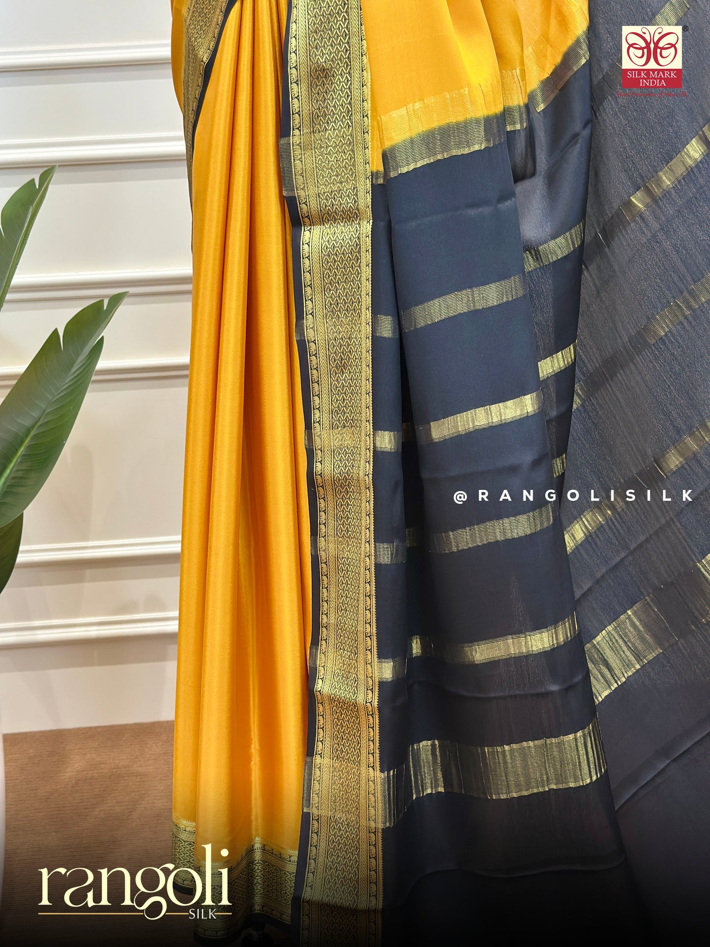 Pure Mysore Crepe Silk Saree in Mustard Yellow & Black with Rich Zari Border - Post 886