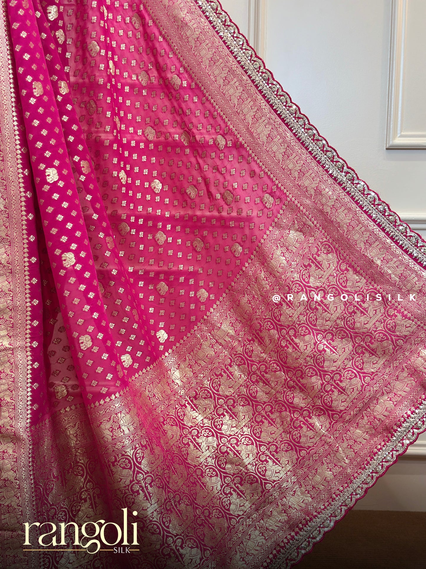 Rani Pink Banarasi Saree with Gold Zari Buti & Elephant Motif Pallu - Post 768