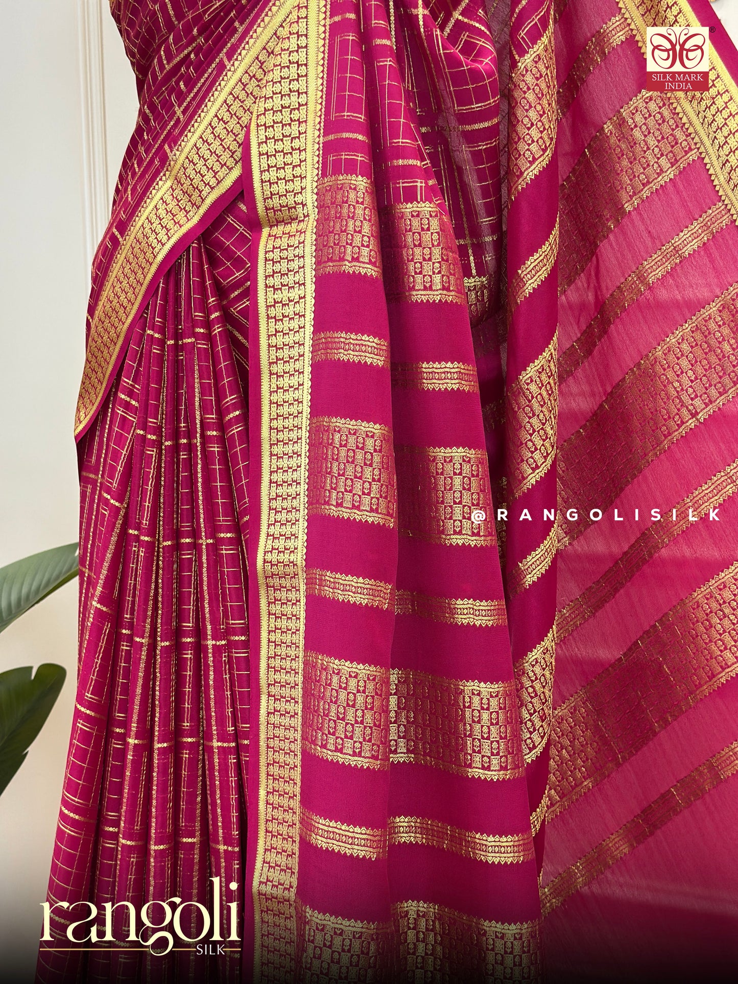 Pure Mysore Silk Saree in Rich Magenta with Zari Checks - Post 596