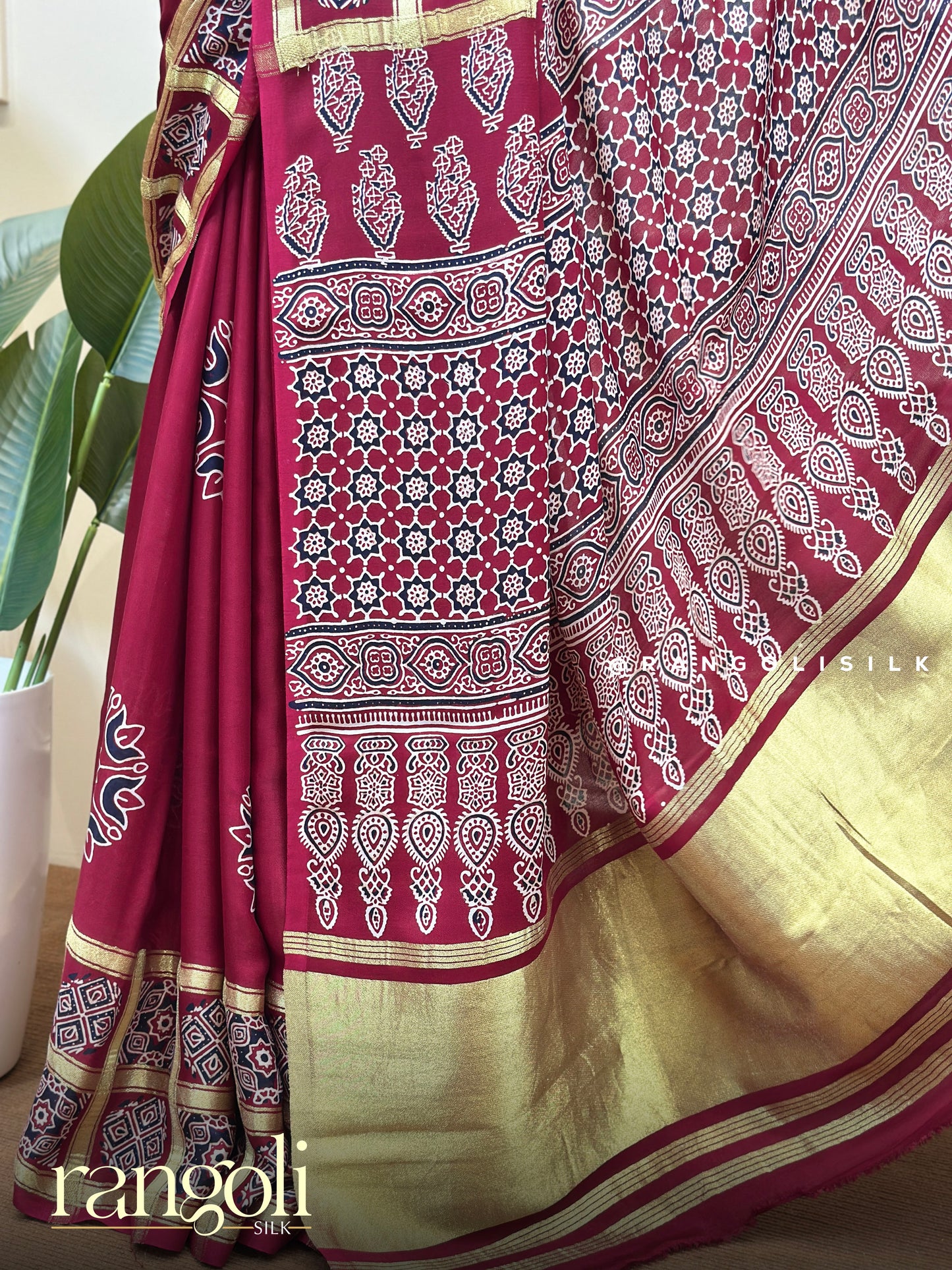 Traditional Ajrak Print Saree with Hand Block Patterns & Heritage Motifs - Post 782