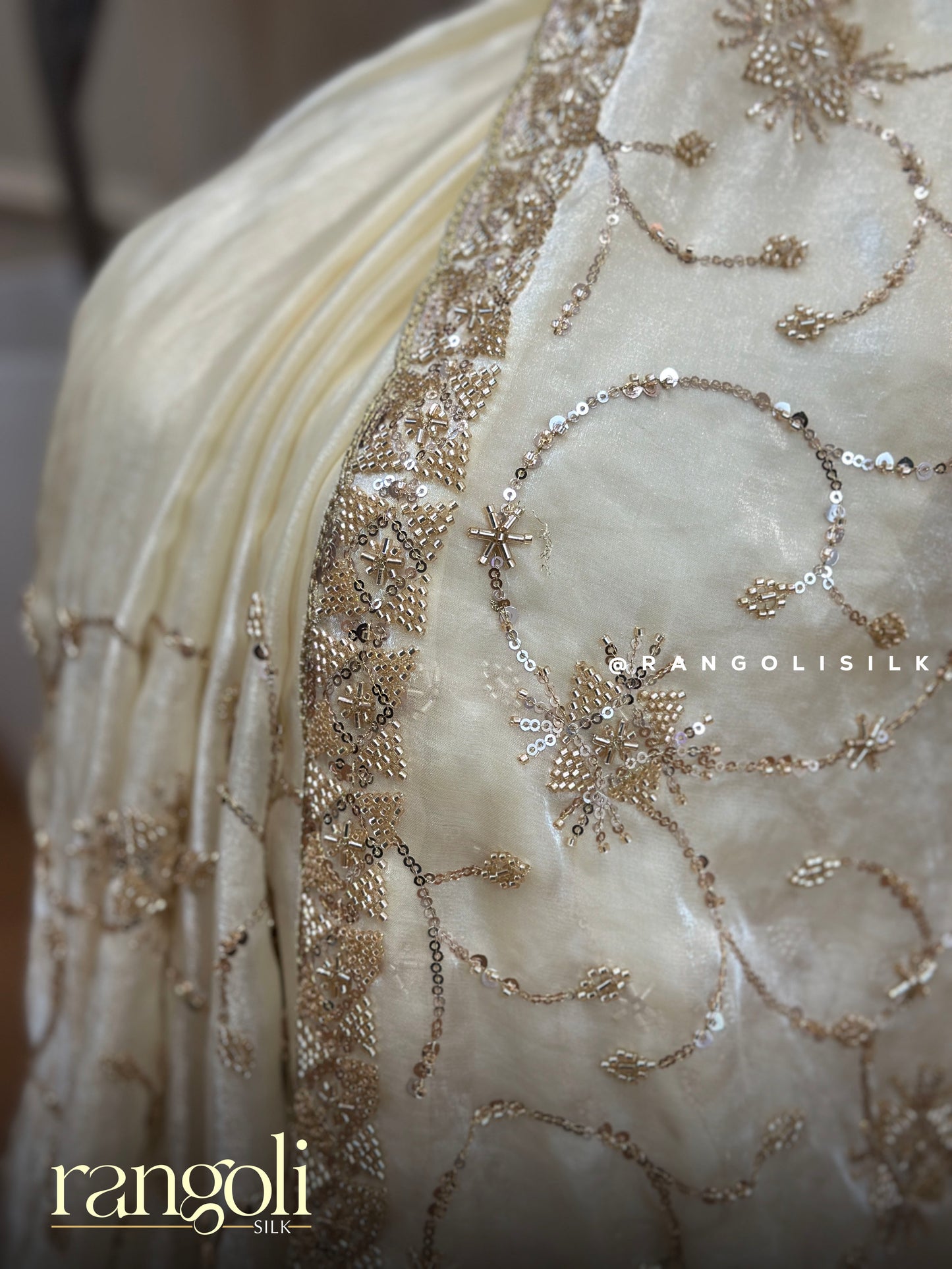 Soft Organza Saree with Golden Sequin & Bead Embroidery Floral Design - Post 797