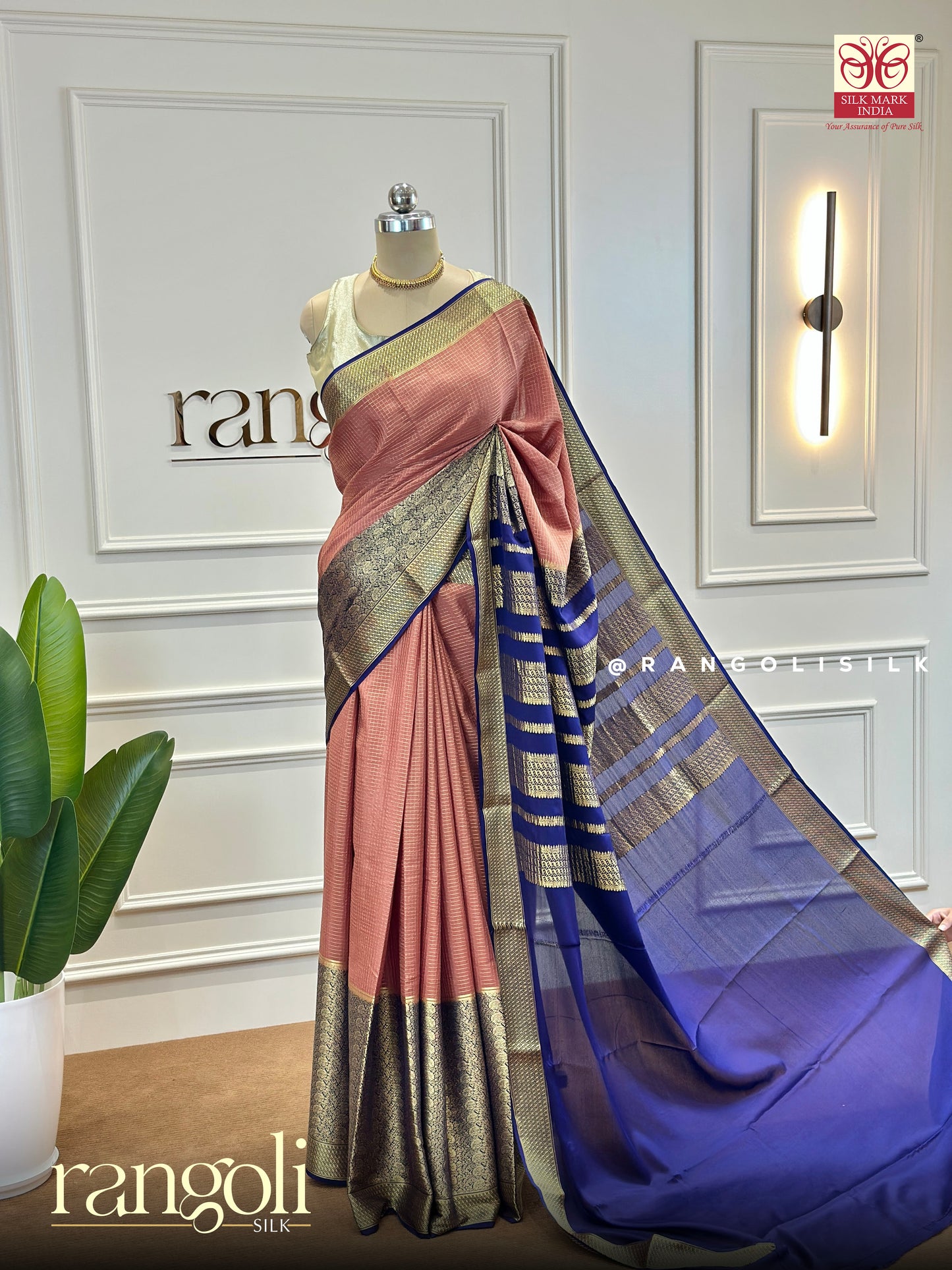 Pure Crepe Silk Saree in Soft Peach with Golden Zari Borders & Royal Blue Pallu - Post 482