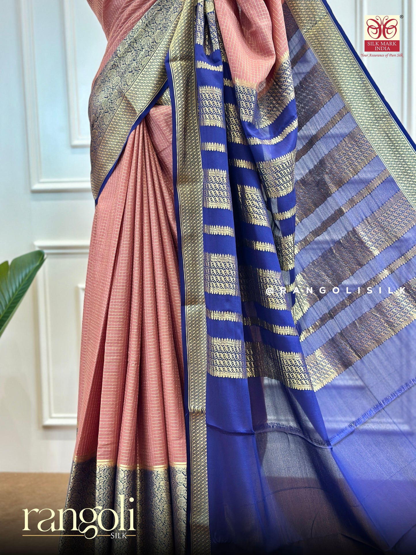 Pure Crepe Silk Saree in Soft Peach with Golden Zari Borders & Royal Blue Pallu - Post 482
