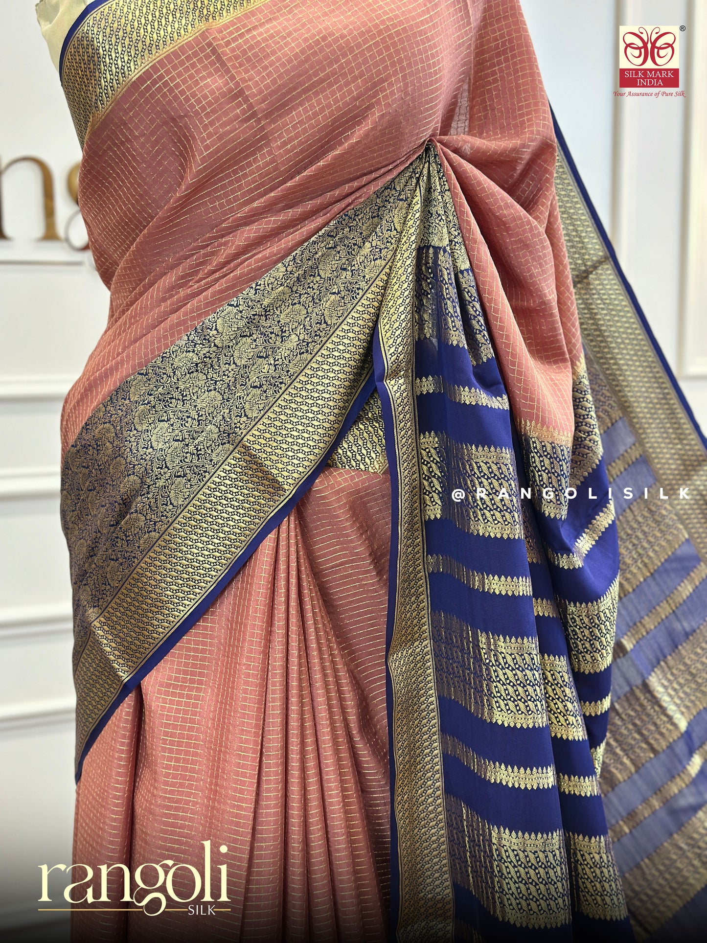 Pure Crepe Silk Saree in Soft Peach with Golden Zari Borders & Royal Blue Pallu - Post 482
