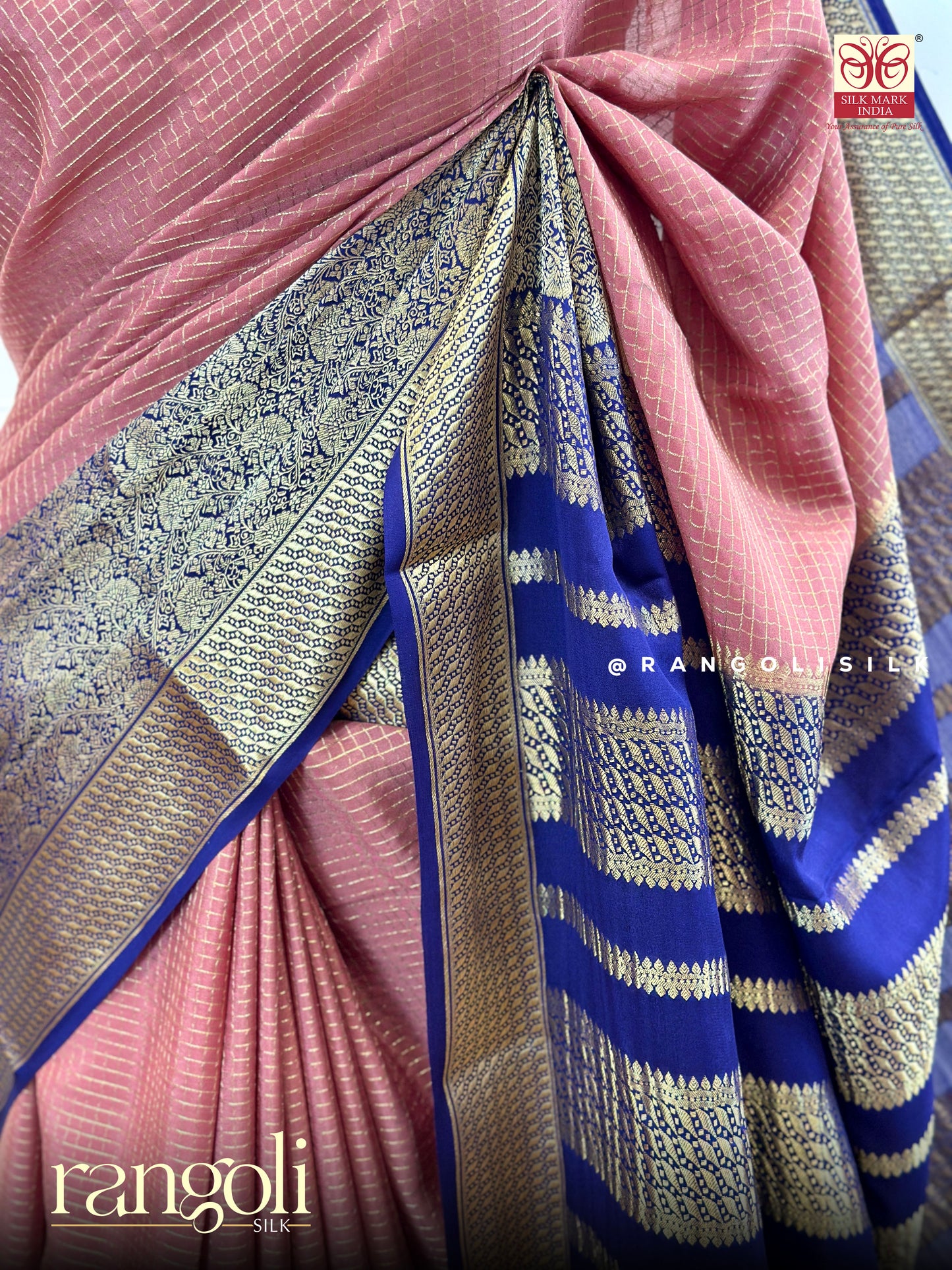 Pure Crepe Silk Saree in Soft Peach with Golden Zari Borders & Royal Blue Pallu - Post 482