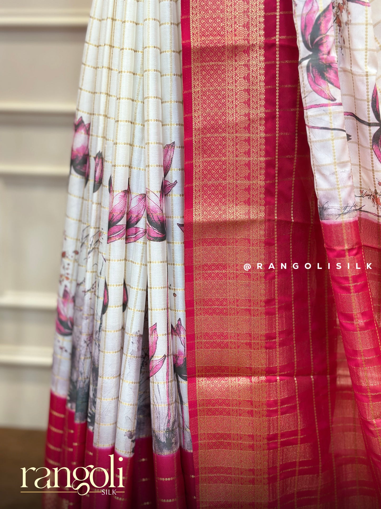 Pink Kalamkari Crepe Saree | Floral Checks | Lightweight & Elegant - Post 600