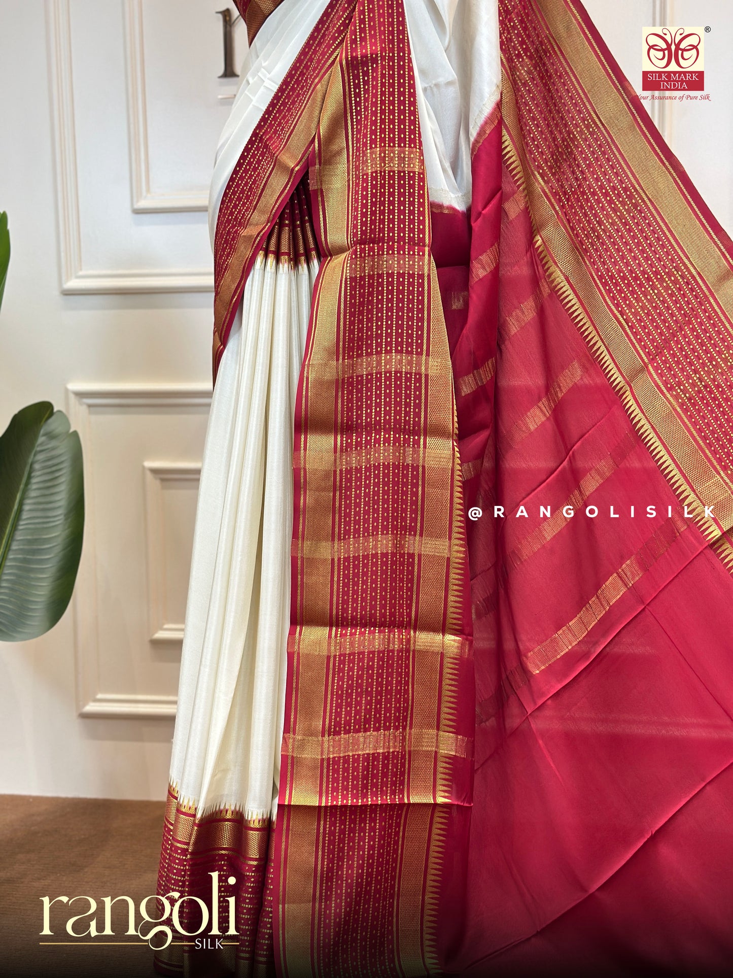 Pure Crepe Silk Saree in Ivory & Red with Golden Zari Borders - Post 486