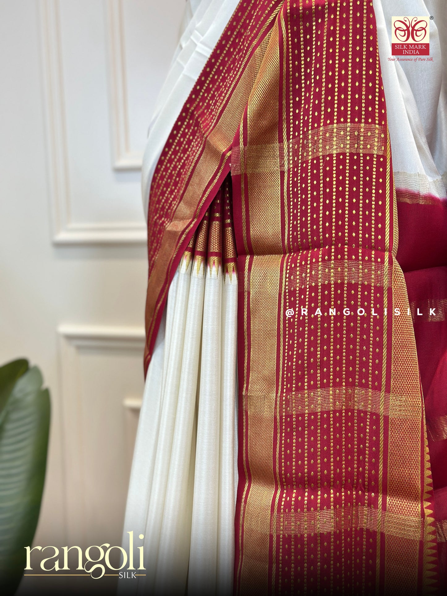 Pure Crepe Silk Saree in Ivory & Red with Golden Zari Borders - Post 486