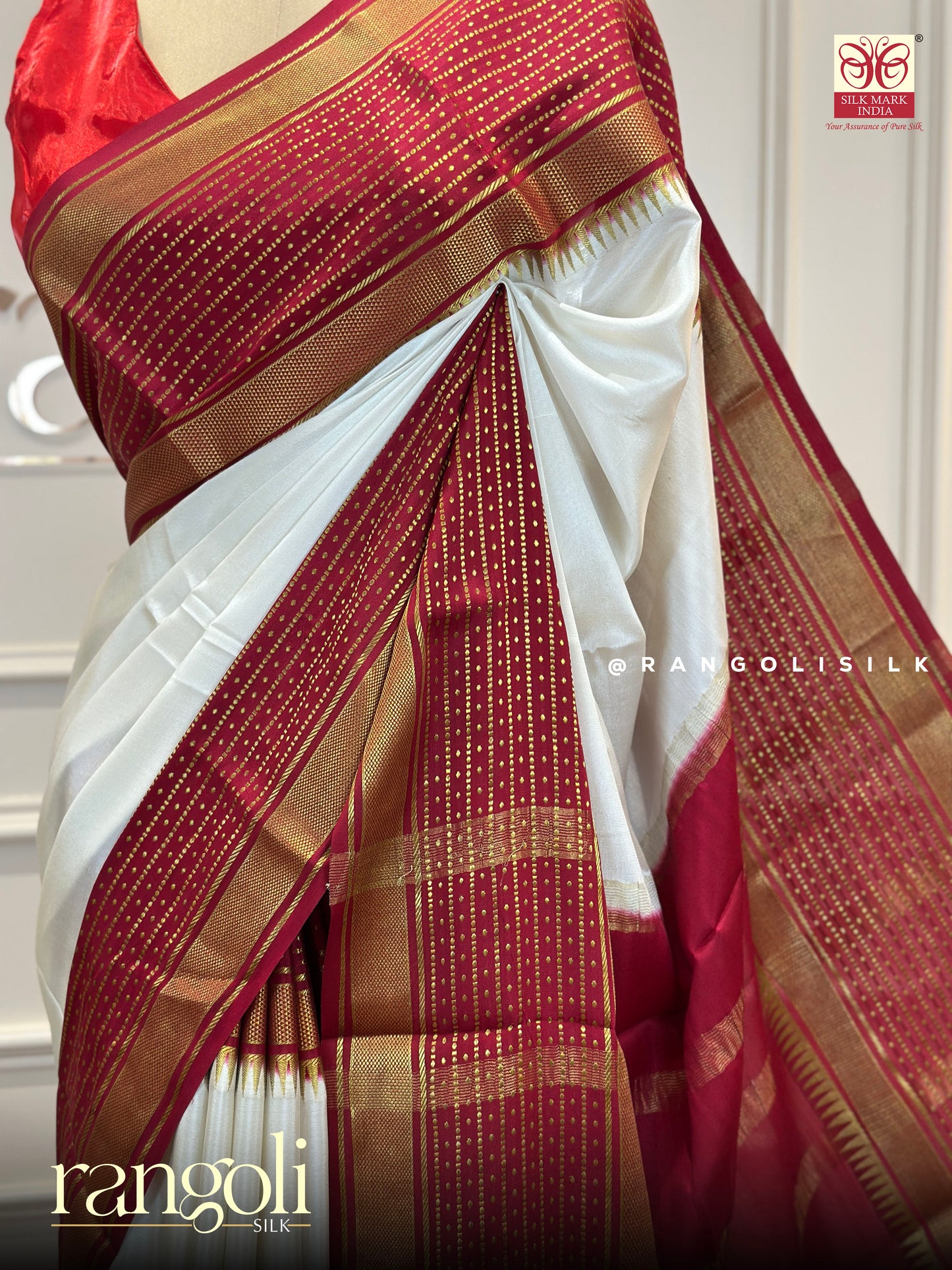Pure Crepe Silk Saree in Ivory & Red with Golden Zari Borders - Post 486