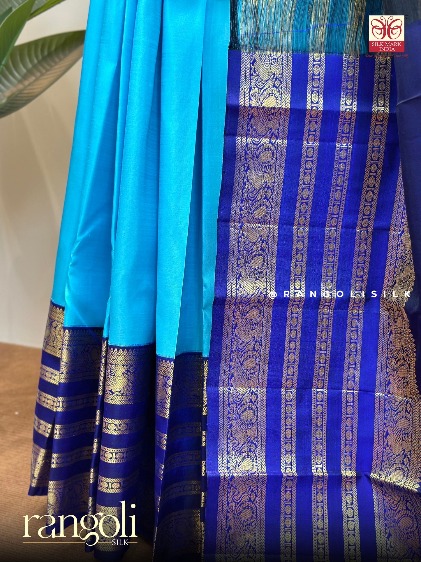 Royal Blue & Turquoise Pure Kanjivaram Silk Saree with Intricate Gold Zari Border - Post 606